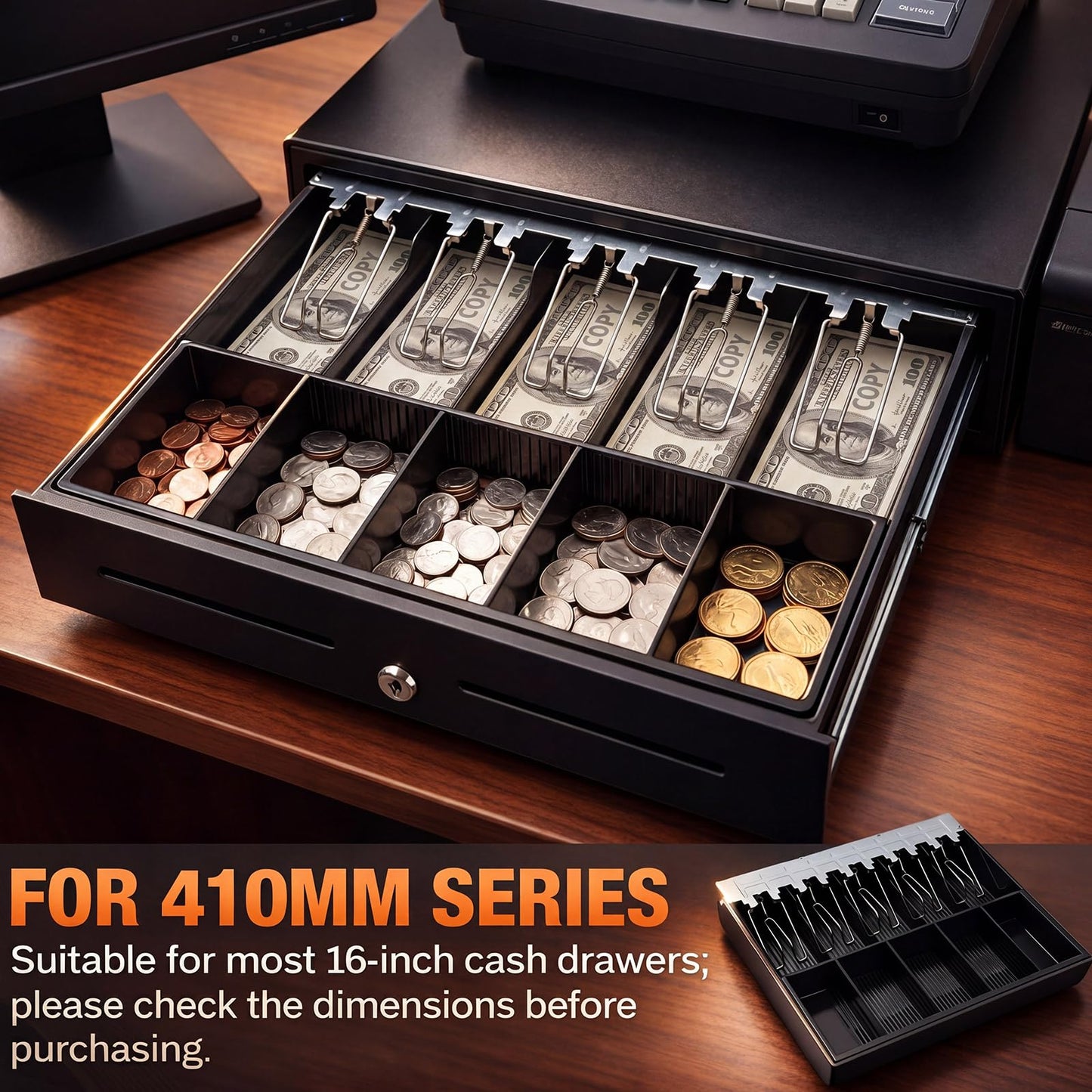 Geelin 2 Pcs 16 Inch Cash Drawer Tray for Small Business, Heavy Duty Cash Drawer Insert 5 Bills and 5 Coins Money Organizer for Money Storage