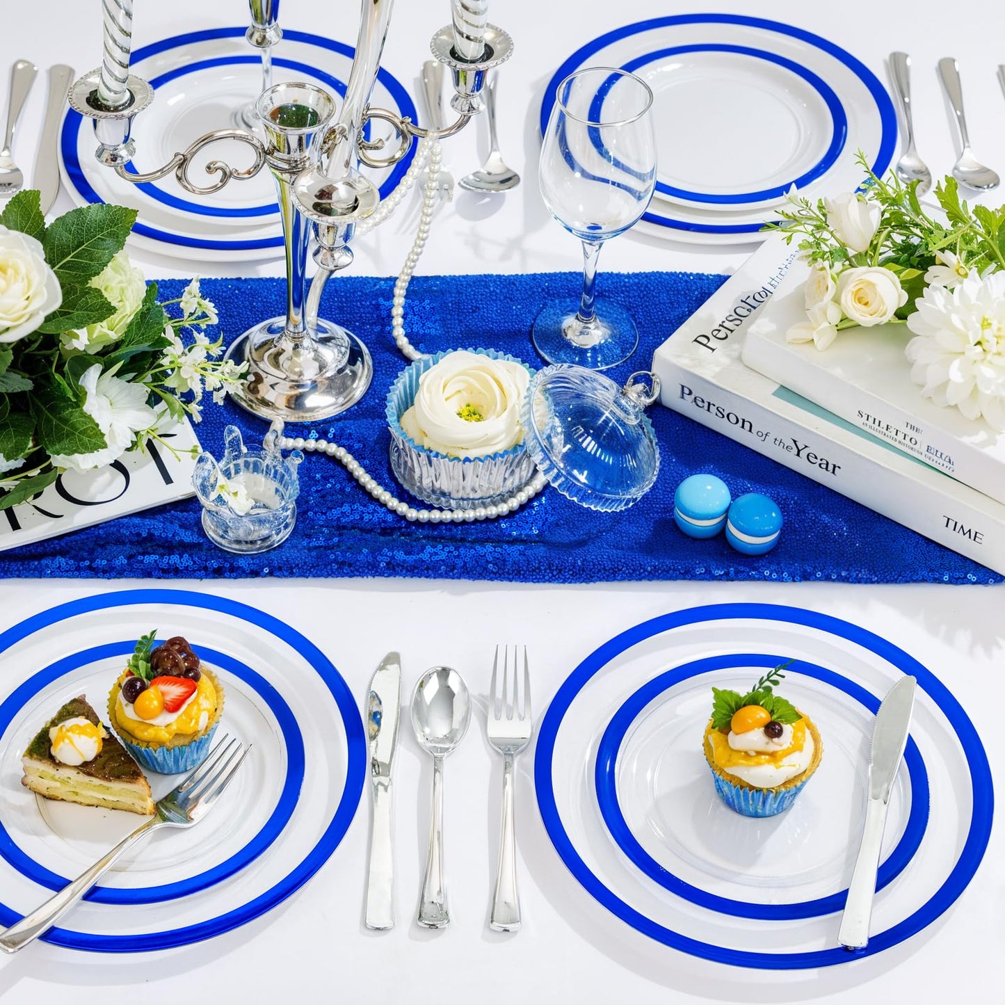 U-QE 120pcs Blue Plastic Plates for Party - Clear and Blue Disposable Plates Heavy Duty - Includes 60 10" Dinner & 60 7" Dessert Plates for Party, Birthday & Wedding