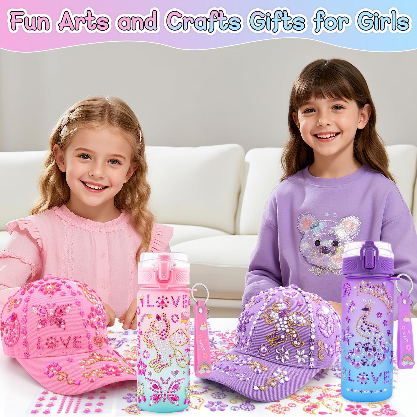Gifts for Girls Decorate Your Own Water Bottle and Baseball Cap, Christmas Birthday Gifts for Girls 4 5 6 7 8 9 Year Old, Fun Arts and Crafts for Kids Ages 4-6, DIY Unicorn Stickers for Girl 8-10
