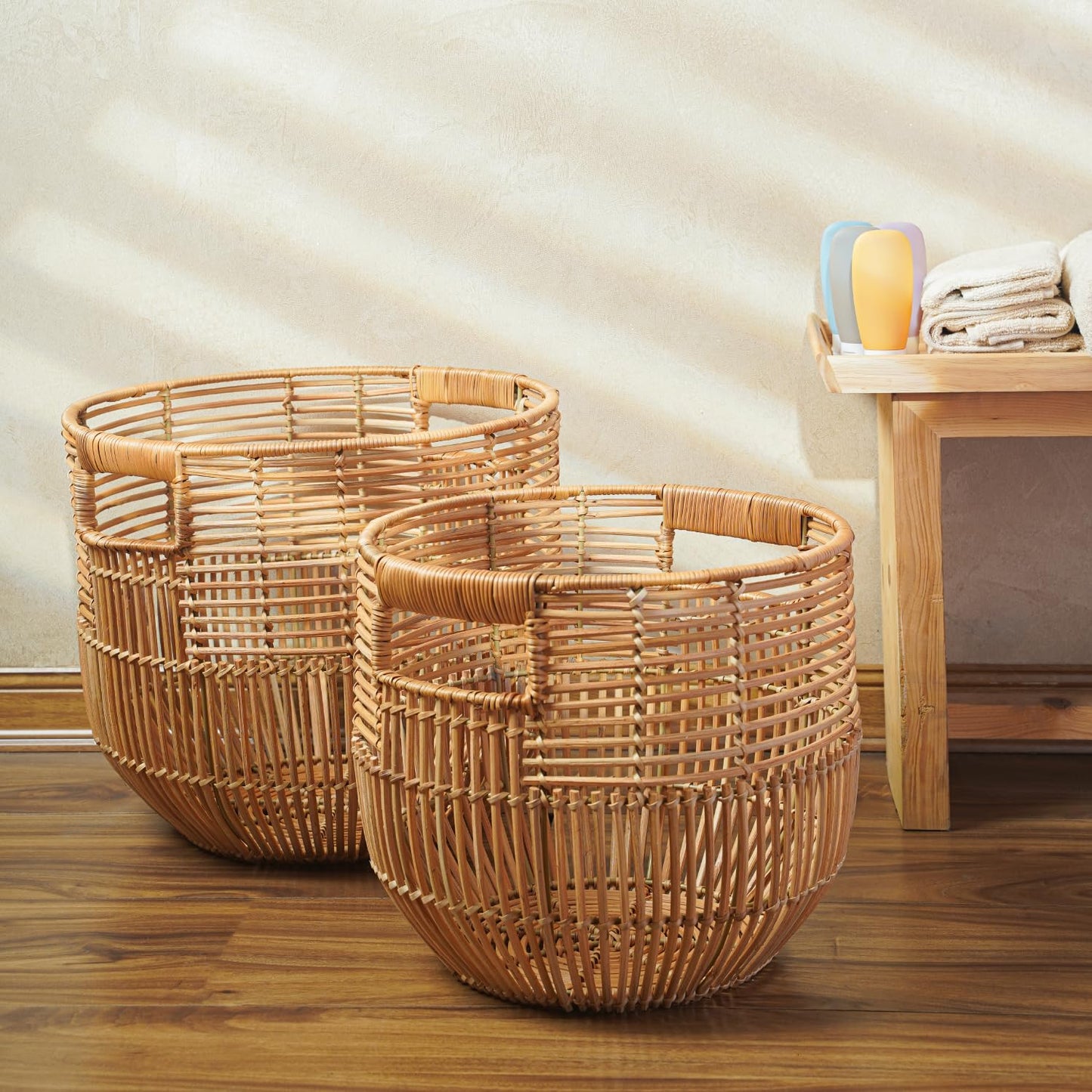 X AVIA HANDICRAFTS Set Of 2 Large Woven Blanket Baskets With Handles | Round Wicker Rattan Storage Floor Baskets for Shoe In Living Room | Extra Big Boho Rattan Laundry For Pillow, Blanket
