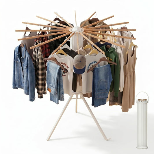 Draiovo Clothes Drying Rack Foldable, Portable Laundry Drying Rack for Clothes with 16 Wooden Rods & 48 Windproof Slots, Collapsible Tripod Dry Rack for Apartment, RV, Balcony