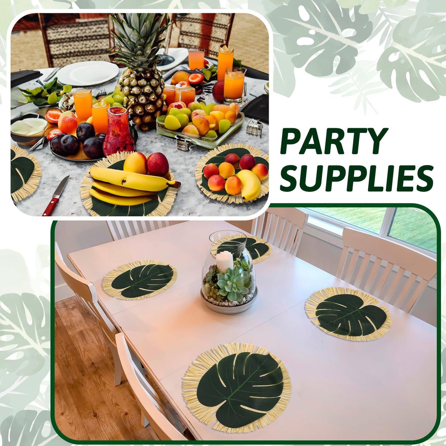 Sunnychicc 24 Pack Luau Placemats and Palm Placemat, Round Luau Fringe Place Mats Tropical Palm Leaf Place Mats Bulk Summer Hawaiian Plate Chargers Table Placemats Tropical Party Supplies