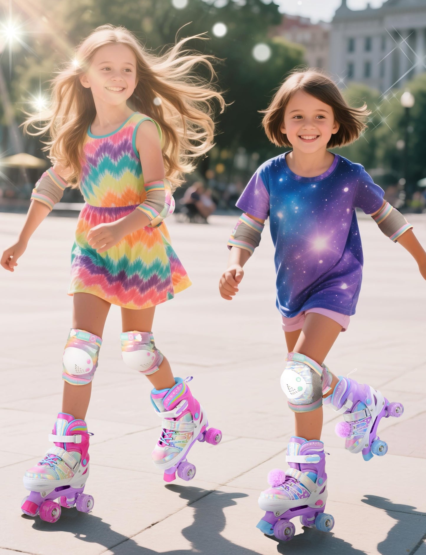 SULIFEEL Rainbow Tie-Dye Adjustable Roller Skates for Girls Kids Ages 3-5 5-8 6-12 Pink Purple Light Up Skate with Fluffy Pom Poms Triple Protection for Indoor Outdoor Skating