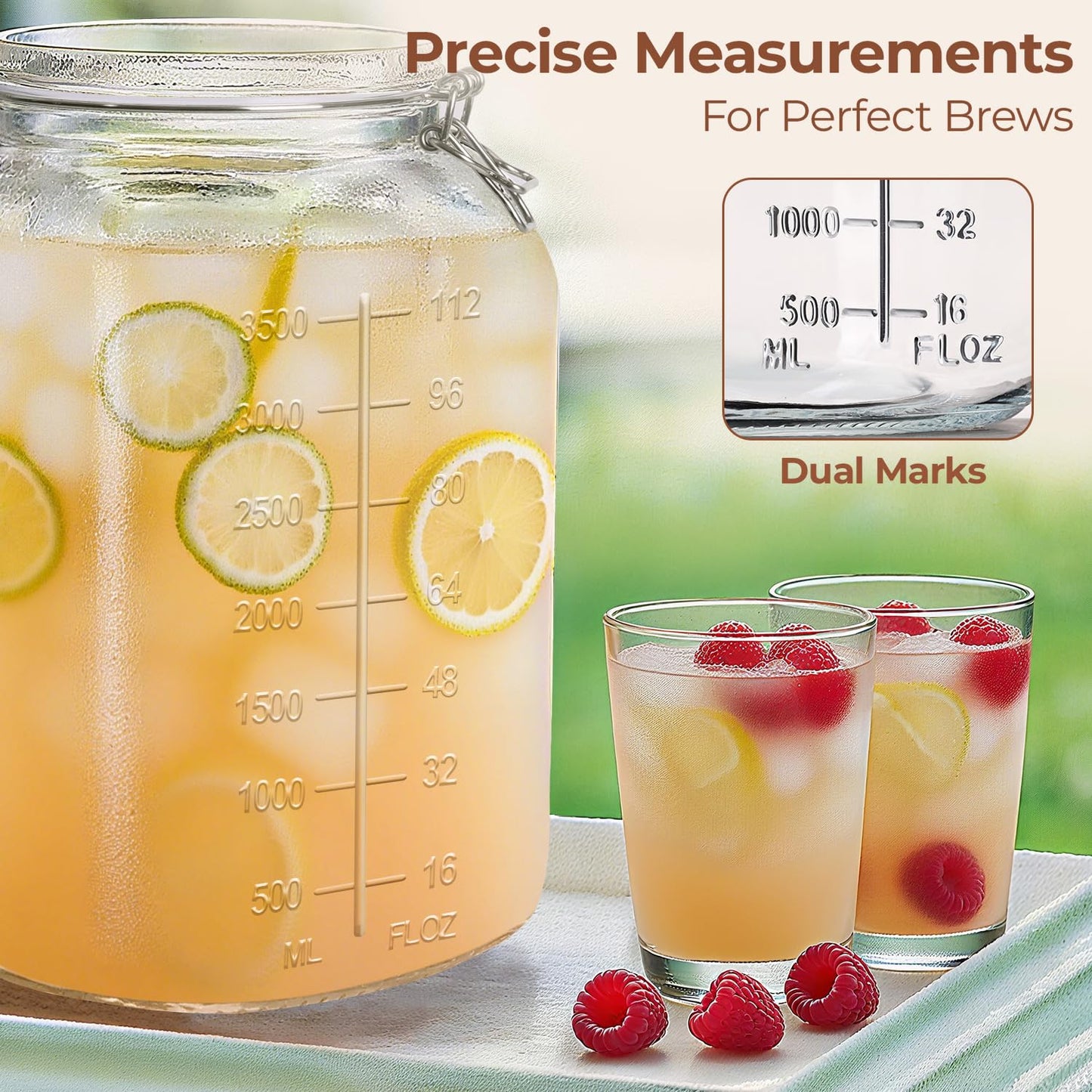 ComSaf 1 Gallon Square Glass Jars with Airtight Lids (135oz, Set of 2), Extra-Wide Mouth Canisters with Measurement Marks for Bulk Flour Storage, Fermenting Kombucha & Pickling