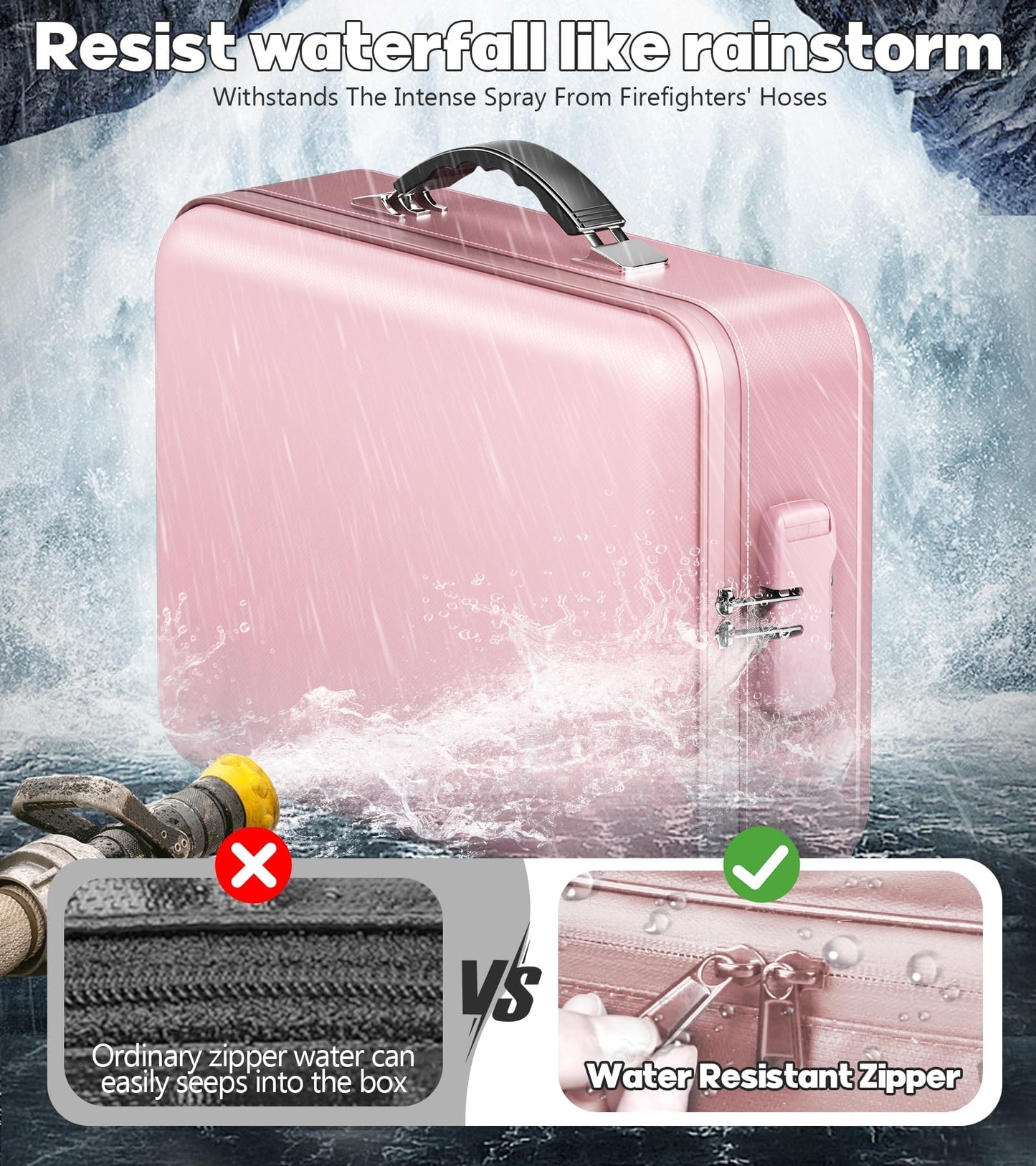 BigPonPon Fireproof Document Box, Hard Case Highly Flame-Resistant Fire Proof Waterproof File Organizer with Lock, Portable Fire Safe for Important Documents & Valuables Storage (Pink, ‎14"*11"*5")