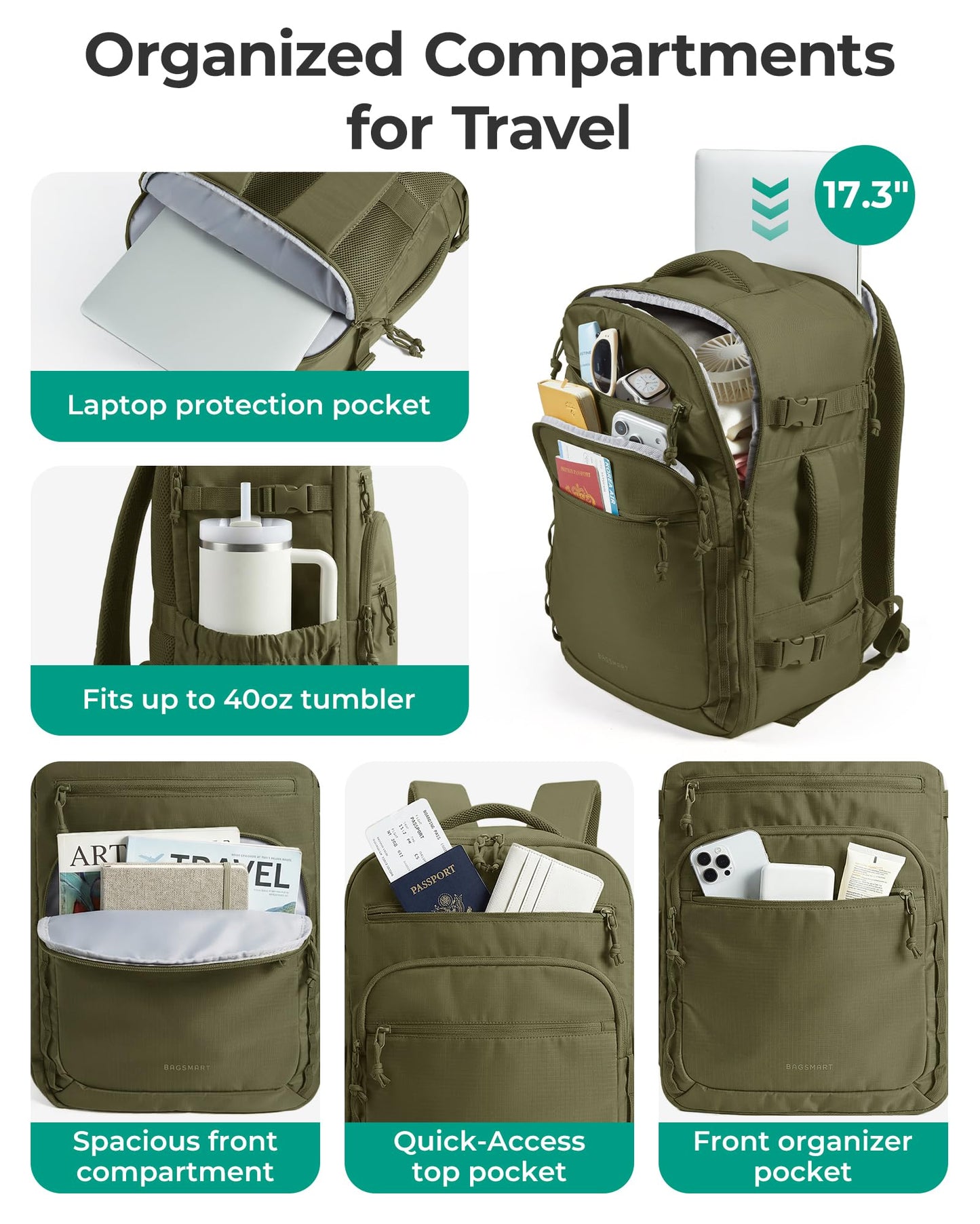 BAGSMART Travel Backpack for Women & Men 17.3 inch Laptop, Flight Approved Carry on Backpack with Shoe bag & 2 Packing Cubes, Water-Resistant Large Business Travel Bag, Weekender Bag - Brown