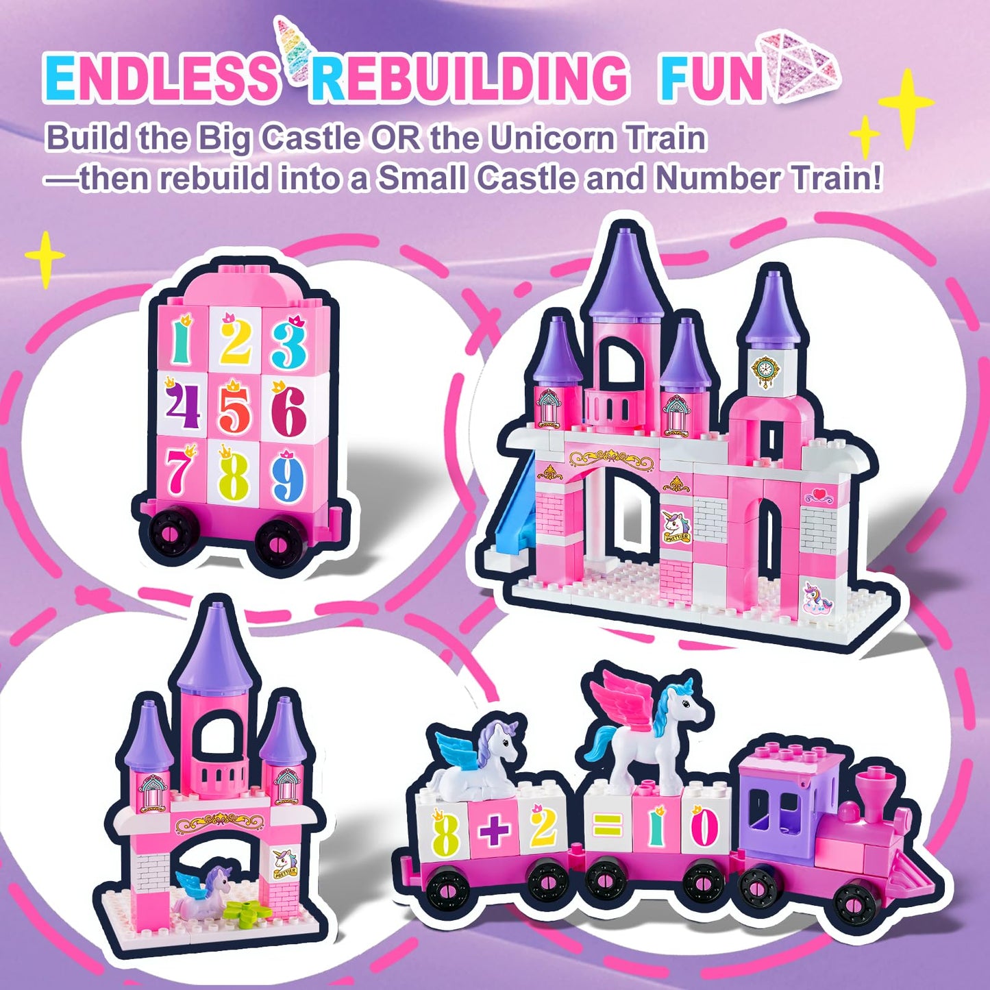 Classic Building Blocks for Toddlers - Compatible with Major Brands, Unicorn Theme Princess Castle & Number Trains Classic Bricks, Creative Educational Buildable Kits for Girls Boys Ages 3, 4, 5, 6-12