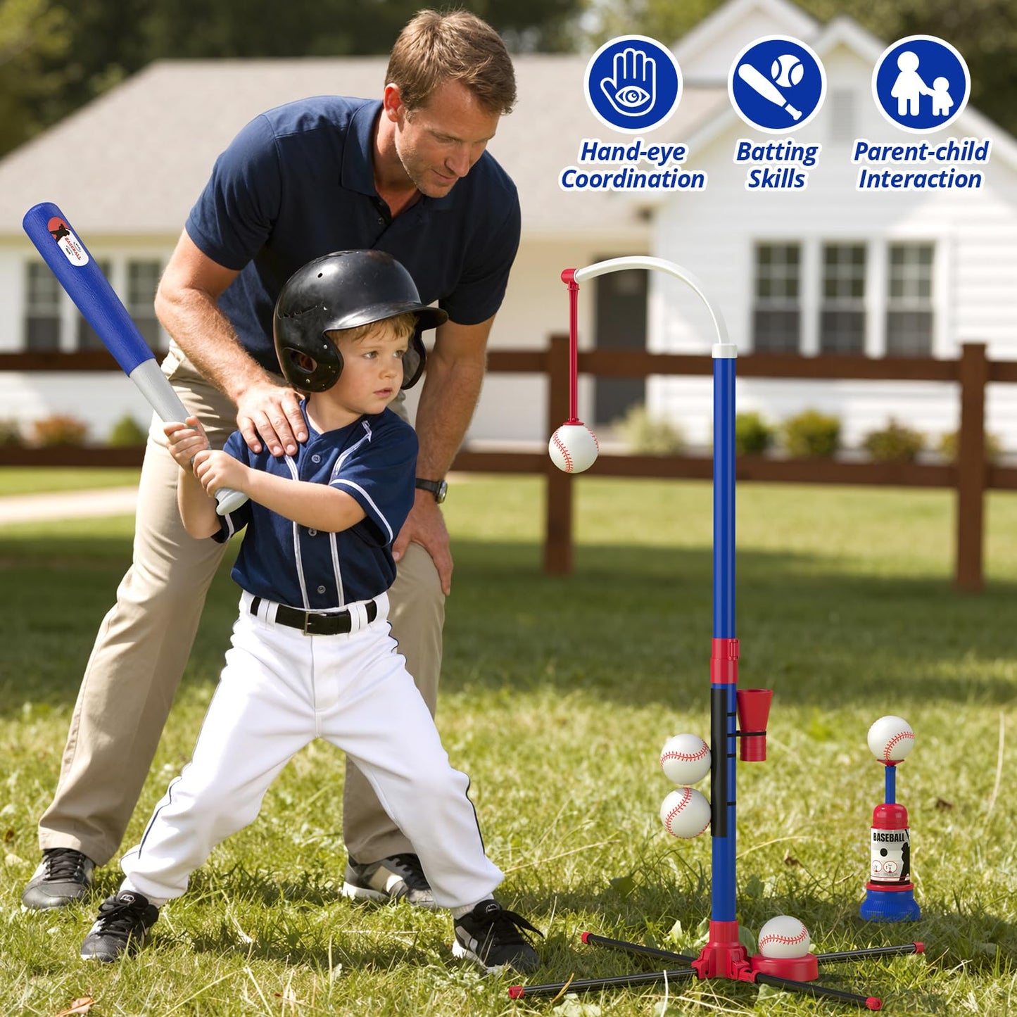 HYES 3 in 1 T Ball Set for Kids 3-5, Kids Baseball with Hanging Tee/Standing Tee/Automatic Launcher/6 Softballs, Adjustable Height Toddler Baseball Sets Indoor Outdoor Sport Gifts Toys for Boys, Blue