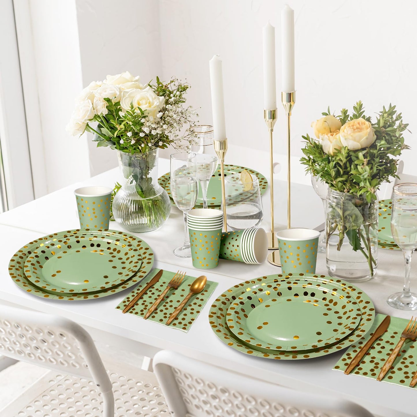 YIDAKO 350pcs Sage Green Paper Plates and Napkins Set, Disposable Sage Green and Gold Polka Dot Party Plates Cups For Baby Shower Birthday Wedding Party Supplies and Decorations, Serve 50