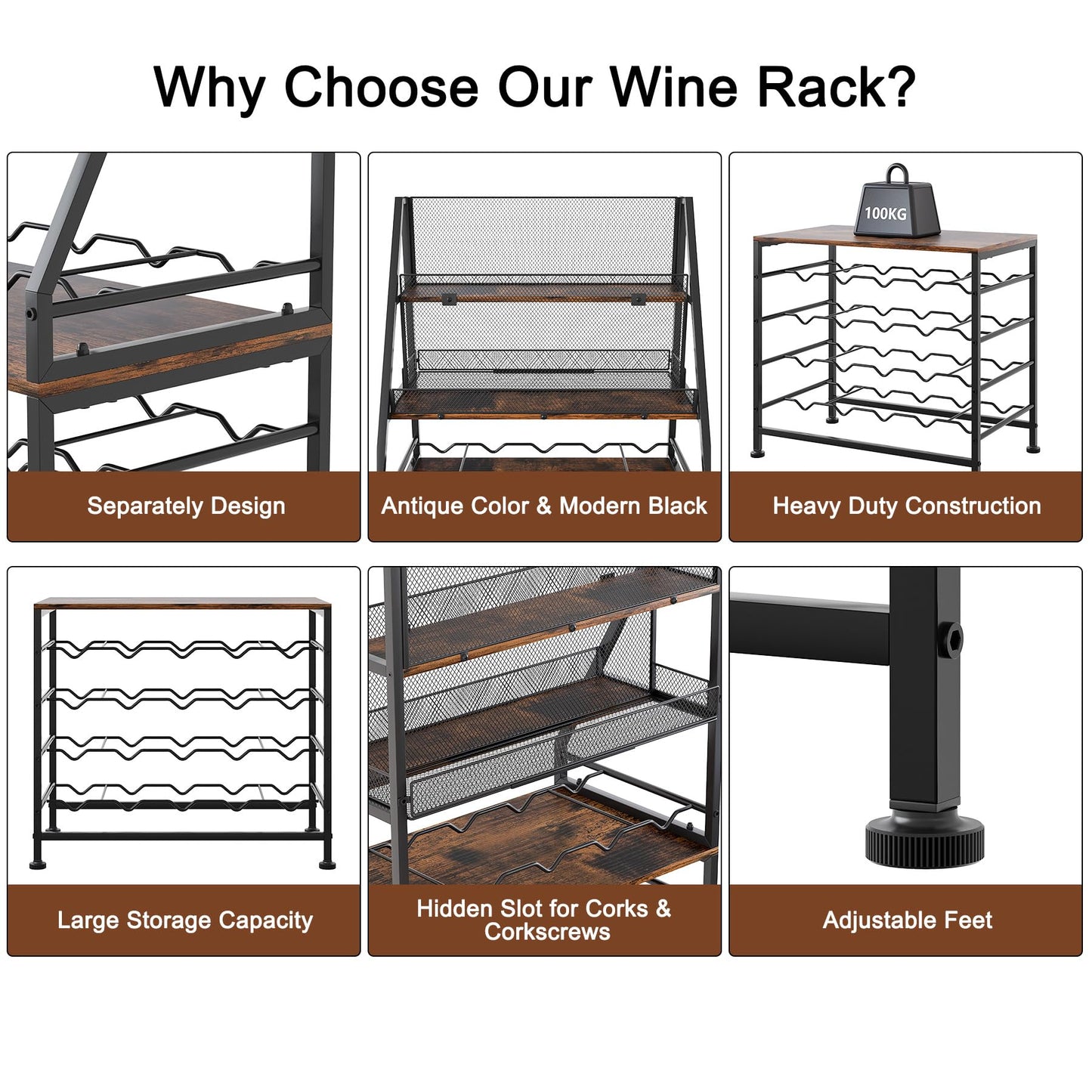 TQVAI Wine Rack Freestanding Floor Modular Split 40 Bottles Vertical Countertop Wine Racks Tall Liquor Bottle Display Shelf with Hidden Cork Organizer for Home Bar, Black/Antique