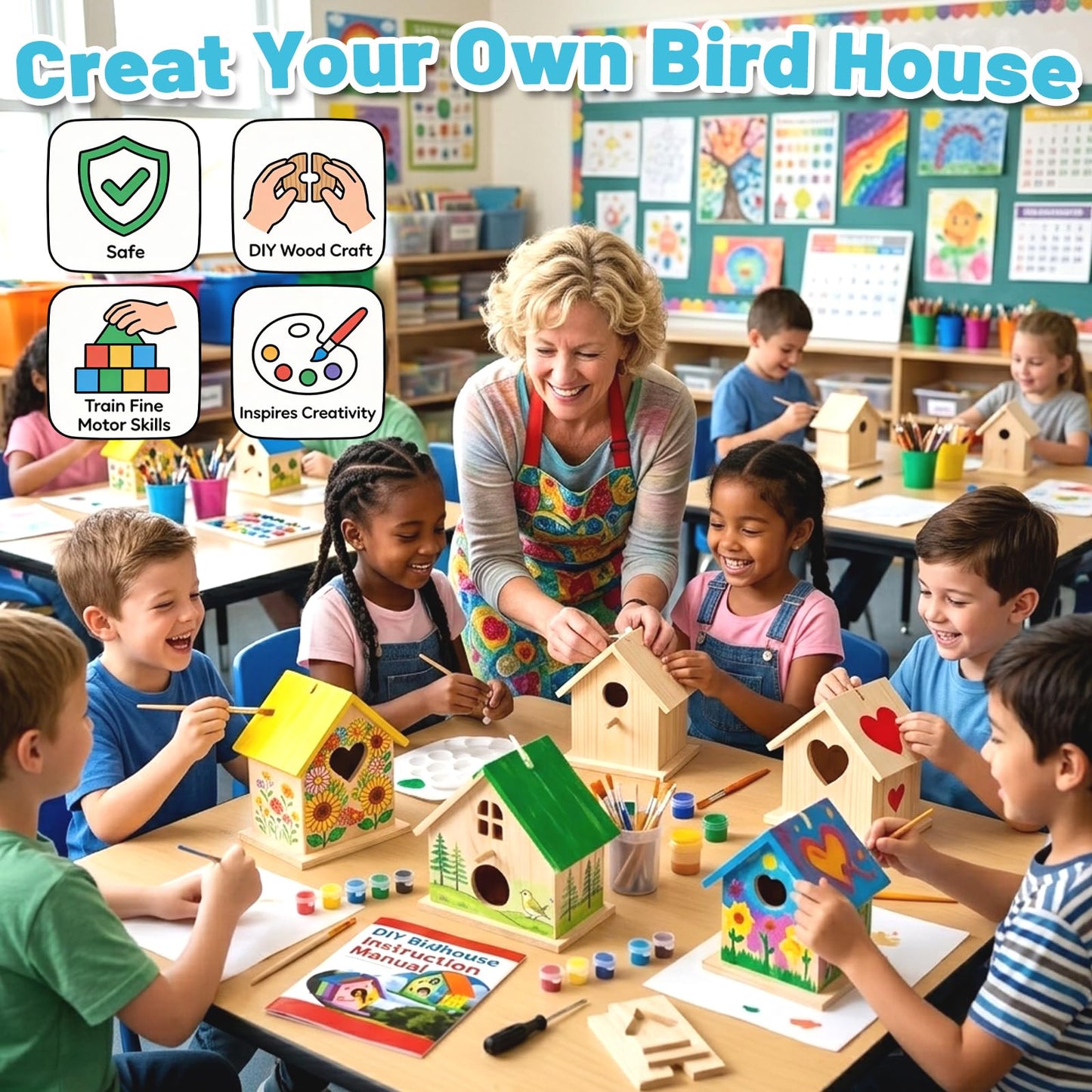 AluAbi 4 Pack DIY Bird House Kit, Thickened Wooden Birdhouse Crafts for Kids with Paints Brushes Screwdriver, DIY Arts and Crafts for Children, DIY Birdhouse Set for Halloween Christmas Birthday