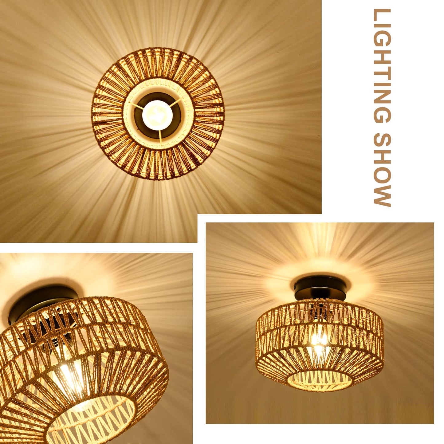 Jobtical Boho Light Fixtures Ceiling Mount,Mini Rattan Chandelier Light Fixture with Dimmable LED Bulb,Hand Woven Ceiling Light Fixtures Flush Mount for Hallway Bedroom Kitchen Entryway Living Room