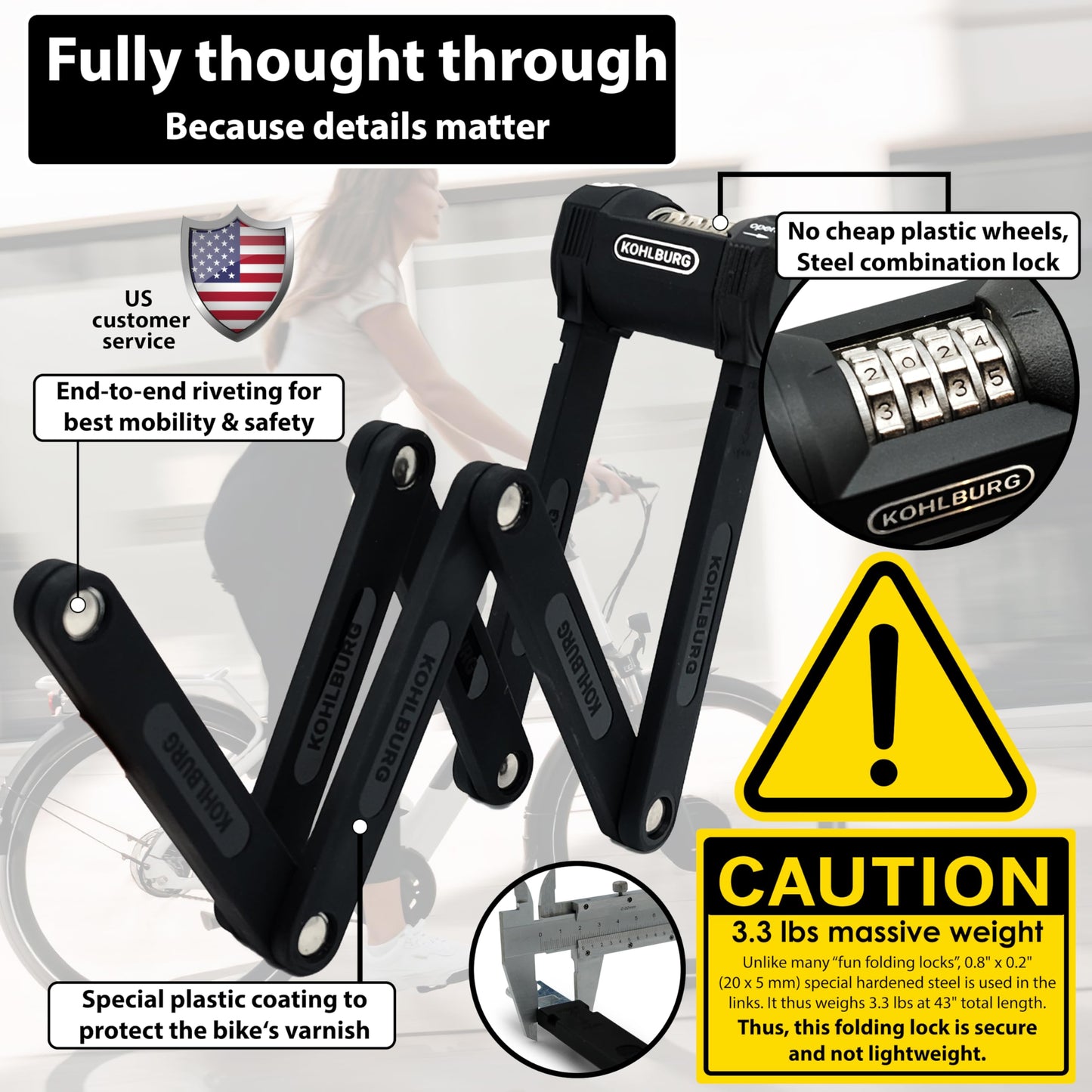 KOHLBURG Folding Bike Lock [43”] Bolt Cutter Proof with 4-Digit Combination Code & Bracket - Long Foldable Bike Lock of Heavy Duty Anti Theft Security Level for Bicycle e-Bike MTB & Scooter
