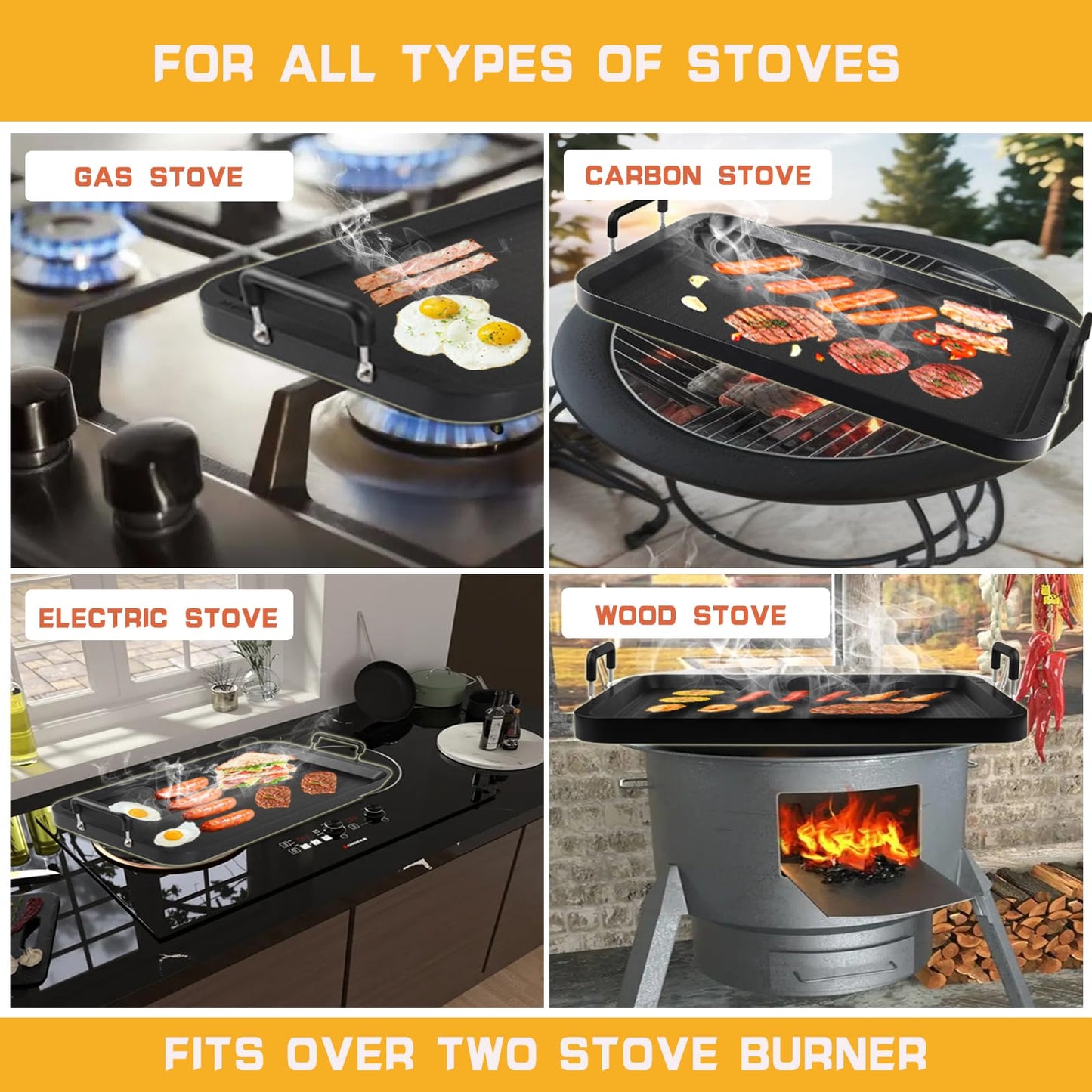 Non-Stick Aluminum Stove Top Flat Griddle, Warp-Resistant Double Burner Griddle Pan for Glass and Gas Stove, Great for Breakfast and Camping Indoor or Outdoor Size 17" x 10.5"