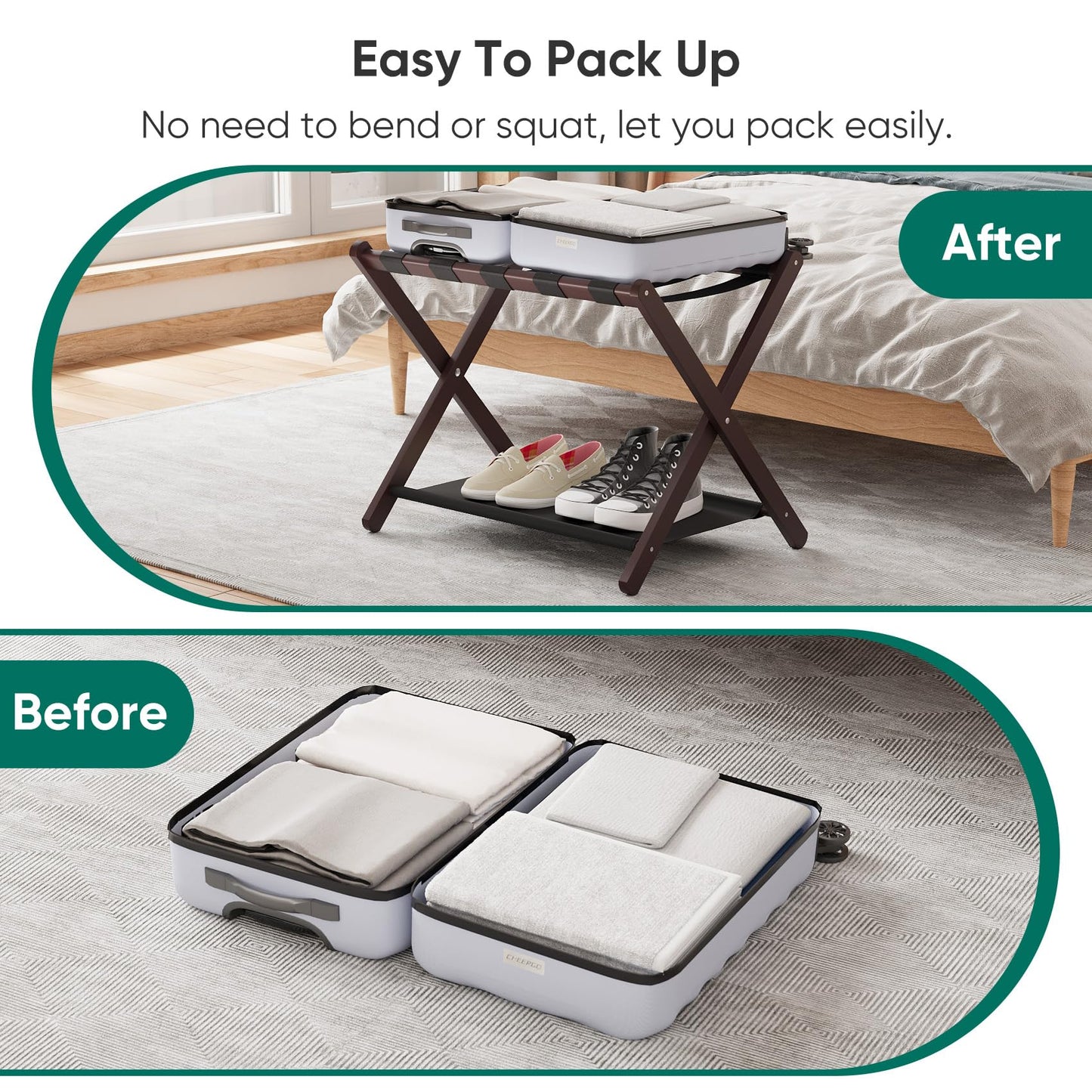 Smuxee Brown Bamboo Luggage Rack Pack of 2, Foldable Suitcase Stand with Storage Shelf, Easily Assembled Luggage Stand with 5 Nylon Straps for Guest Room Bedroom Hotel