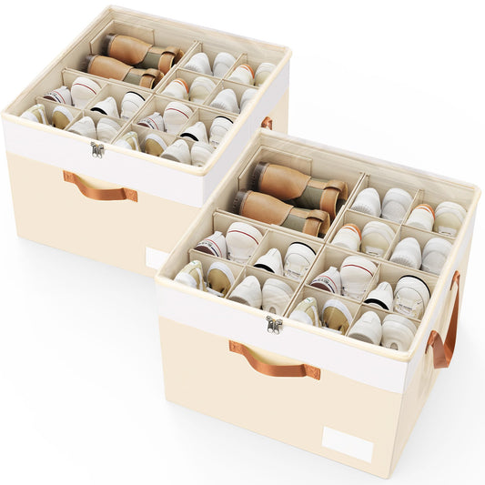 Criusia Shoe Organizer for Closet, 2 Pack Foldable Shoe Storage Organizer Box Bin with Adjustable Dividers and Clear Cover, Closet Shoe Storage for Sneakers Sandals Boots, Fit 16-32 Pairs, Beige