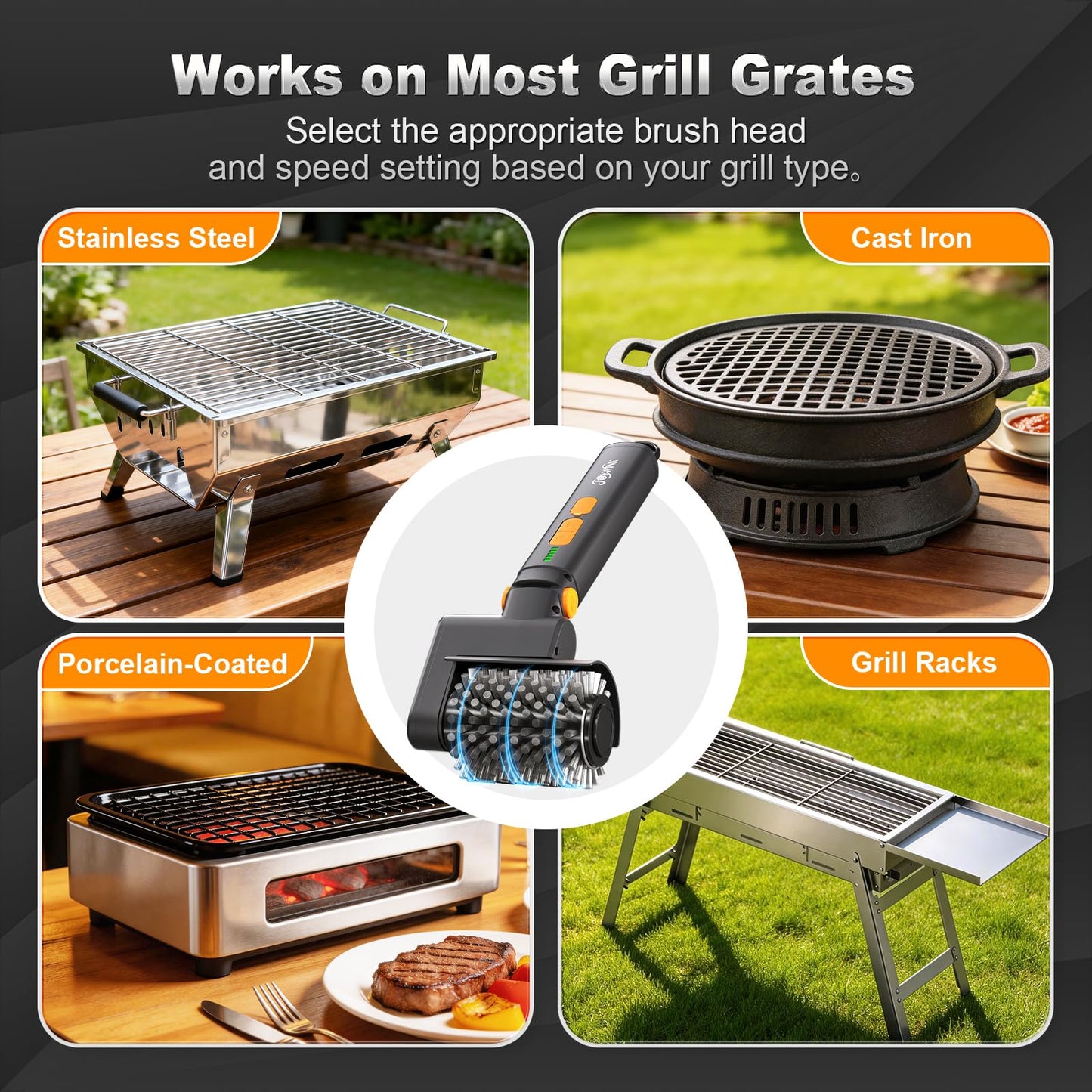 Upgraded Electric Grill Brush - Extreme 50kg Torque Power Grill Brush, 7.4V Motor, Safe for All Grills, SUS304 Anti-Shedding Bristle, with Heat Resistant Mat & Polishing Pad, for Fathers Day