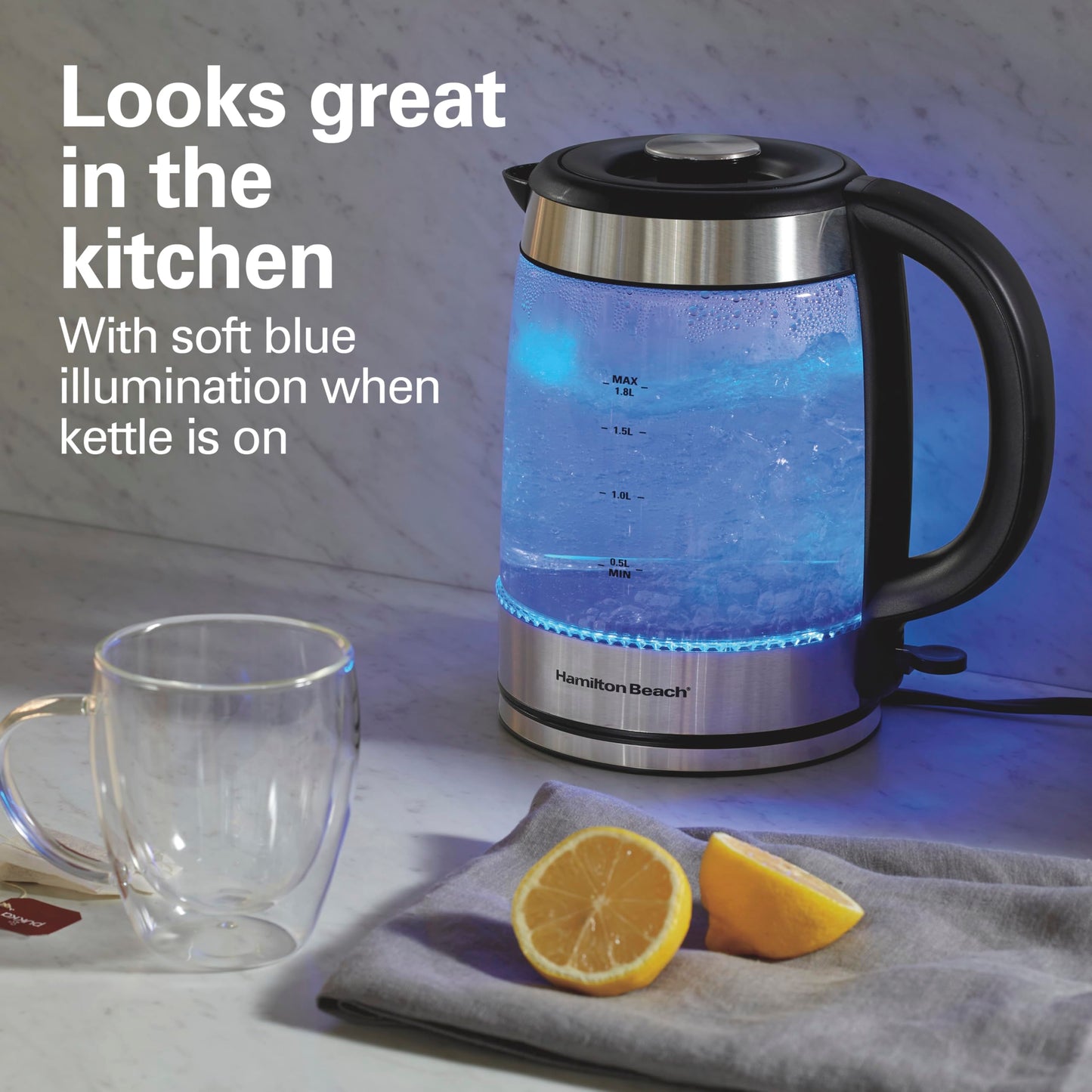 Hamilton Beach Electric Tea Kettle, Water Boiler & Heater, 1.8 Liter, 1500 Watts for Fast Boiling, BPA Free, Cordless Serving, Auto-Shutoff & Boil-Dry Protection, Blue LED, Glass (40853C)