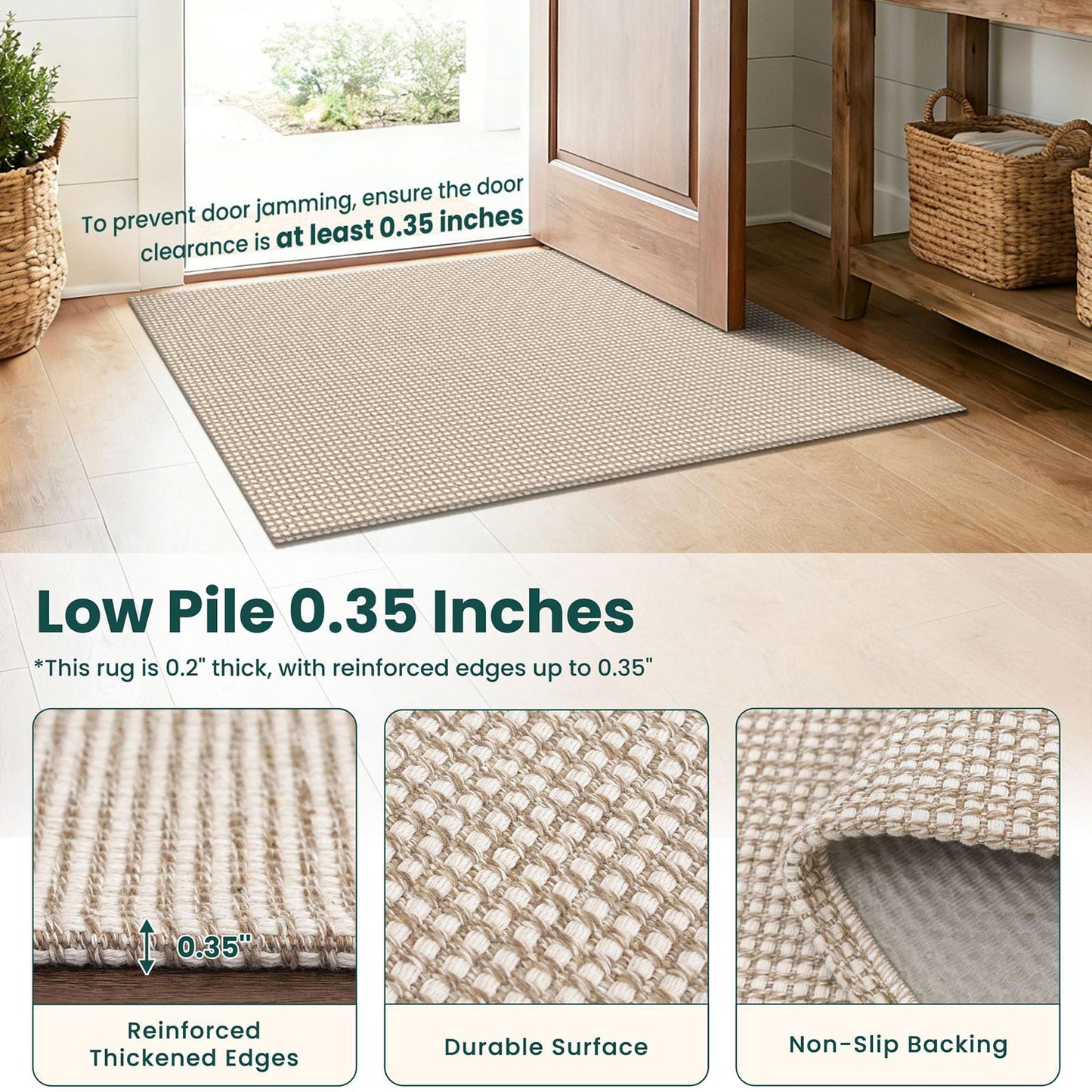 KOZYFLY Rugs for Entryway 3x5 ft Washable Area Rug Non Slip Rubber Backed Entry Rug Woven Indoor Door Mat Cotton Kitchen Rugs for Entryway, Foyer, Backdoor, Ivory/Camel/Brown