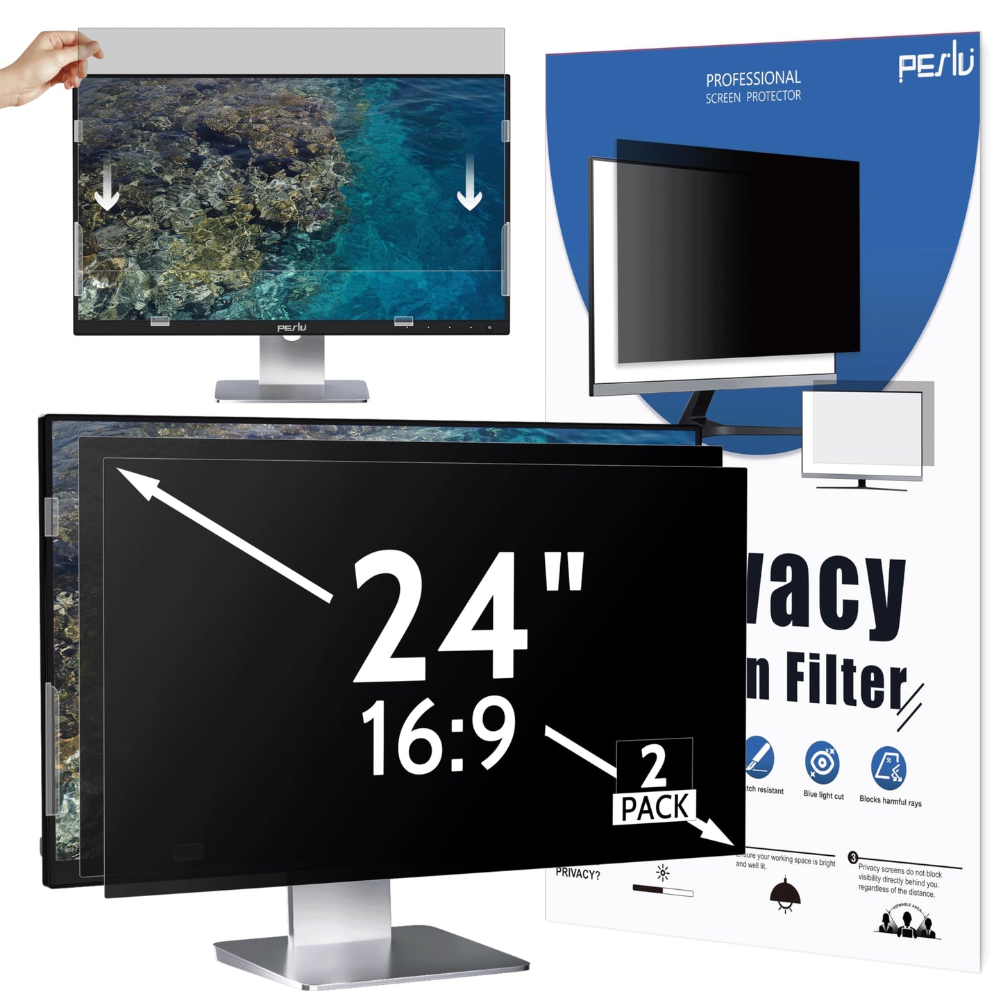 Peslv 2-PACK 24 Inch 16:9 Computer Privacy Screen for Widescreen Monitor, 24inch Removable Anti Blue Light Glare Eye Protection Shield, Black Blackout Anti Spy Desktop Security Private Filter