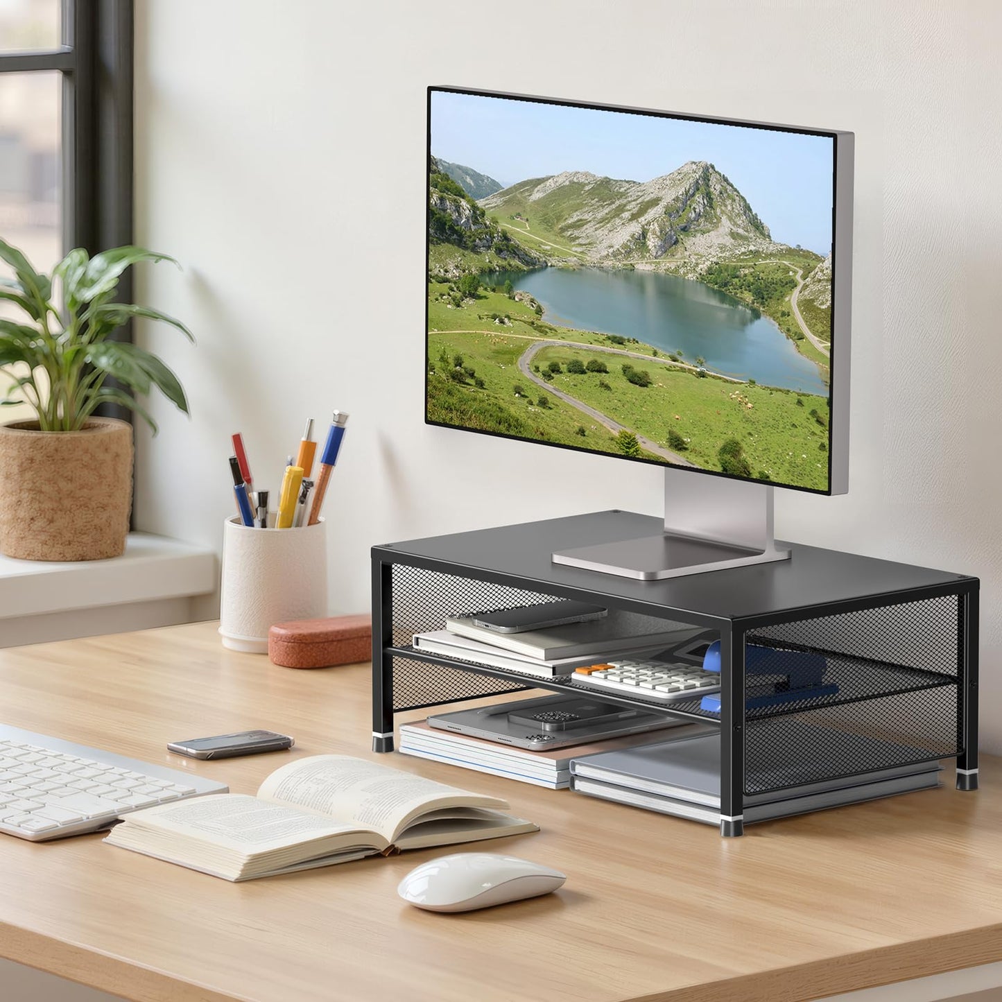 ECOLOVI 2-Tier Computer Monitor Stand Riser, Desk Organizer for Monitor, Printer & Laptop Stand, Desktop Workspace Organizers for Office Supplies(Black 2-Pack)