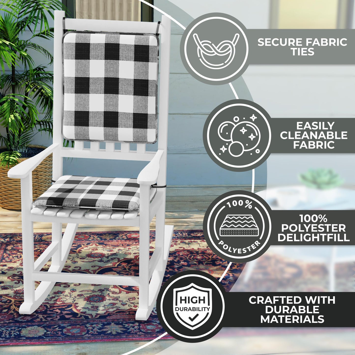 Klear Vu Porch Rocking Chair Cushion Set for Indoor and Outdoor Use, Assembled in The USA, Easy to Clean Stylish Seat and Back Pads with Fabric Ties, 20" x 17" x 2", Jurby Black/White