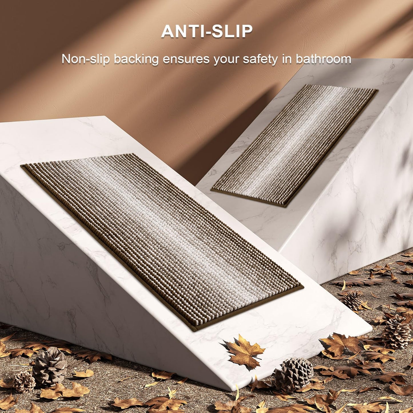 BSICPRO Bathroom Rugs and Mats Sets, 2 Piece Thick Absorbent Chenille Bath Mat Rug Set Non Slip, Soft Shaggy Bath Room Floor Mats for Bathroom, Machine Washable (Brown, 24" x 70" Plus 20" x 32")