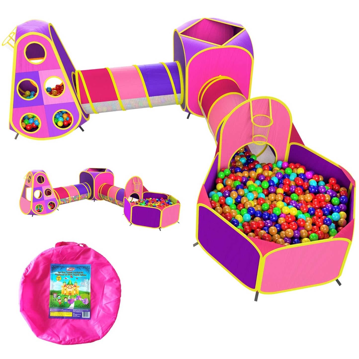 Playz 5pc Kids' Play Tents & Tunnels - Ball Pit for Toddlers, Basketball Hoop, Crawling Tubes, Pop-Up Playhouses, Baby Obstacle Course for Indoor or Outdoor Use