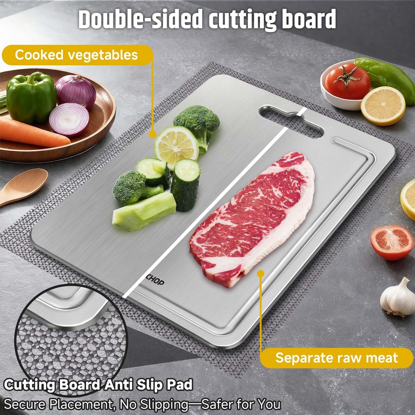 100% Pure Titanium Cutting Boards with Juice Groove, Metal Chopping Boards for kitchen Double-Sided Non-Toxic Cutting Borad Meat, Vegetables and Fruits, Dishwasher Safe, Grey (18 * 12in）