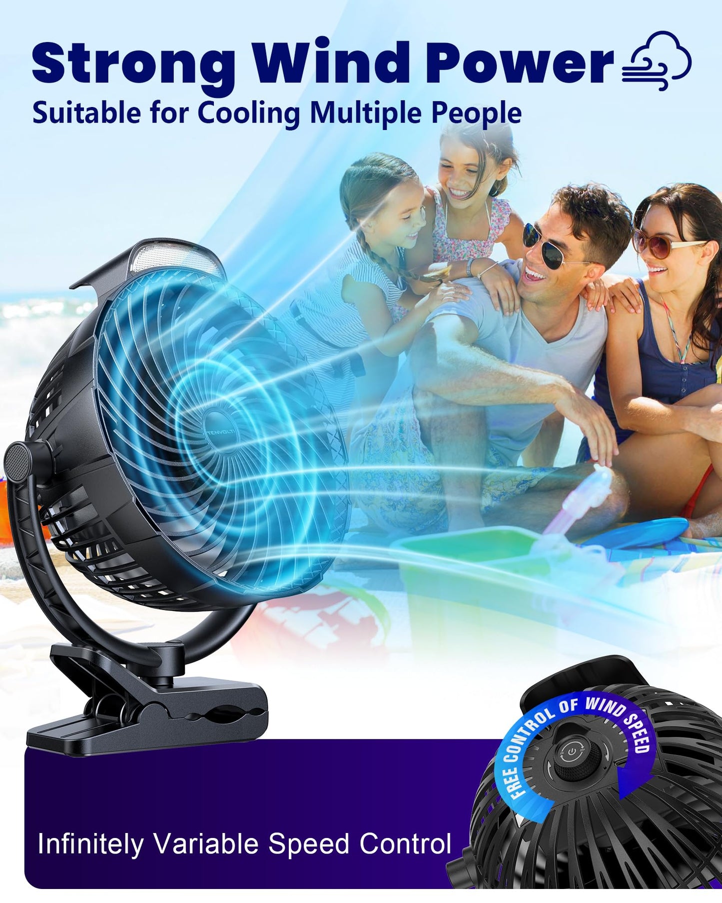 Tenvolti 10000mAh Clip on Fan, 8-Inch Golf Cart Fan Rechargeable with LED Light, 9 Speeds Strong Airflow, Ultra Quiet, 30Hrs Runtime, 360° Rotation, Cooling for Bed Camping Office Desk Dorm, Black