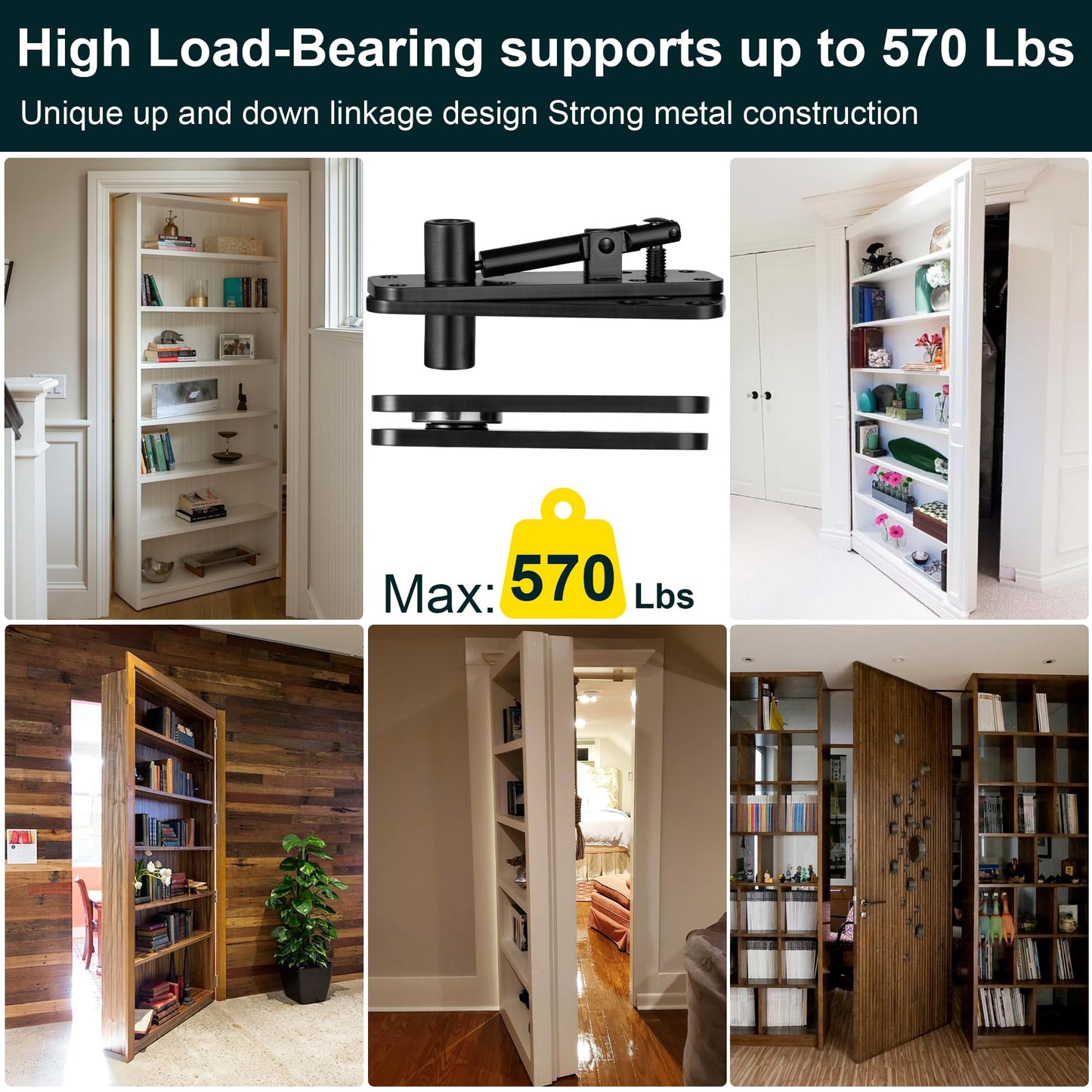 Hidden Door Hinge,570Lbs Load-Bearing Thickened Solid Stainless Steel - Heavy Duty 360° Swinging Pivot Hinge for Secret Doors, Bookcase, Murphy & Shelf Doors - Includes Hardware Kit 2SET