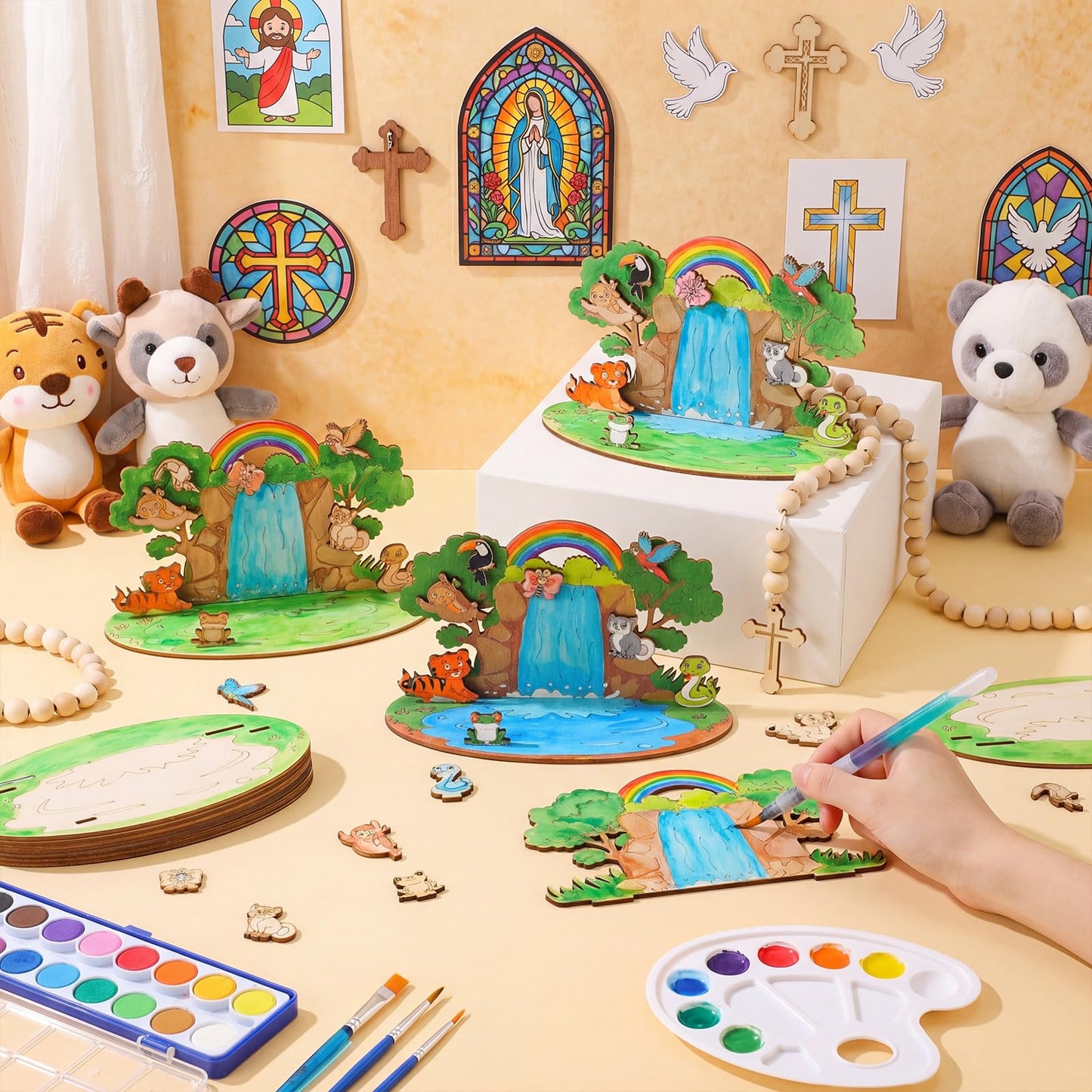 DoubleFill 24 Set 2026 Vbs Crafts Rainforest Animal Themed Craft Kits for Kids DIY Jungle Religious Wooden Cutouts Kit Tropical Animal Multi-Layer Crafts for Sunday School Church Bible Decor