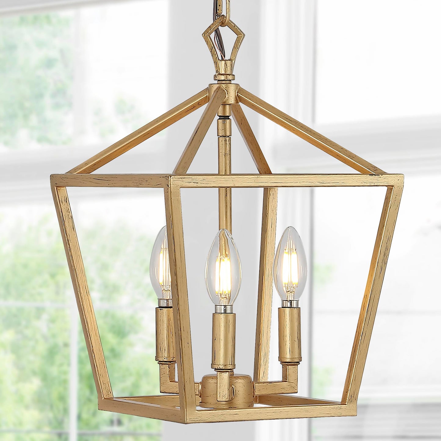 JONATHAN Y JYL7601B 10" 3-Light Farmhouse Pendant Lantern, Brass Gold Pagoda Cage Chandelier for Kitchen Island, Foyer, Entryway, Rustic Adjustable Hanging Ceiling Light Fixture, LED Bulbs Included