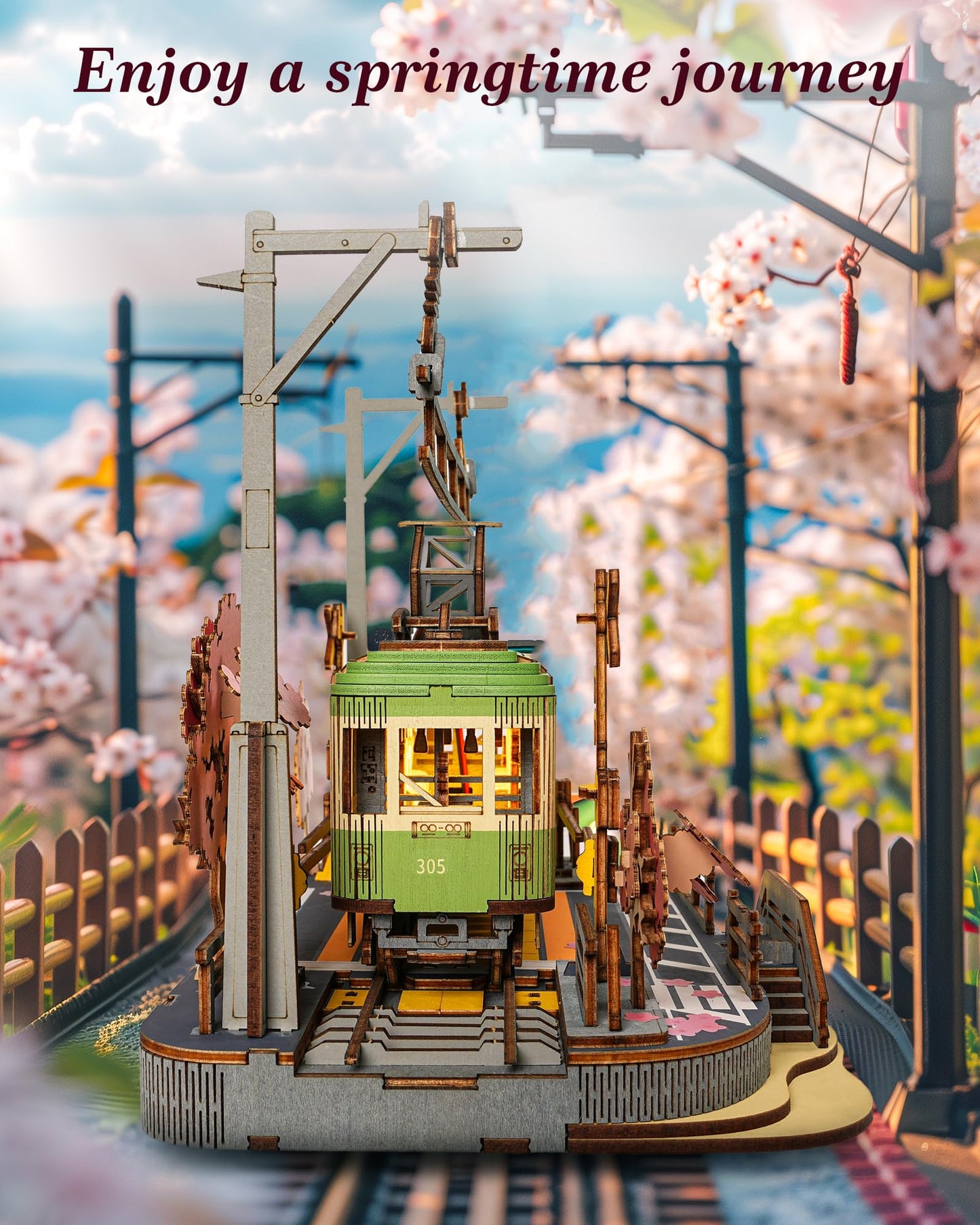 ROBOTIME 3D Puzzles for Adults DIY Model Building Toy with LED Light Wooden Craft Kits Diorama Tram Hobby for Brain Teaser Gift (Sakura Journey)