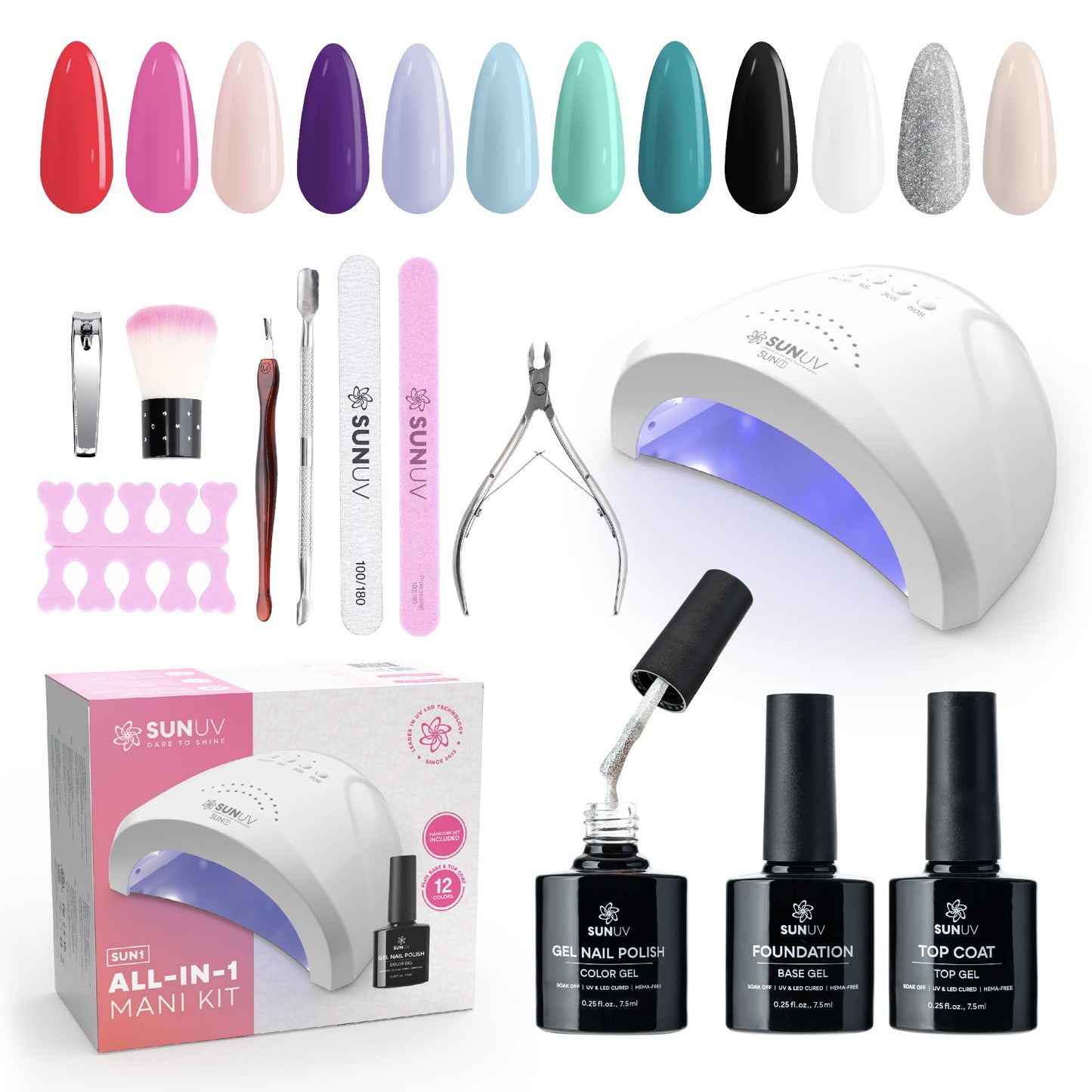 SUNUV Gel Nail Polish Kit with UV Light, Gel Polish Nail Kit Base and Glossy Top Coat Set 12 Colors Manicure Tools Gift for Woman