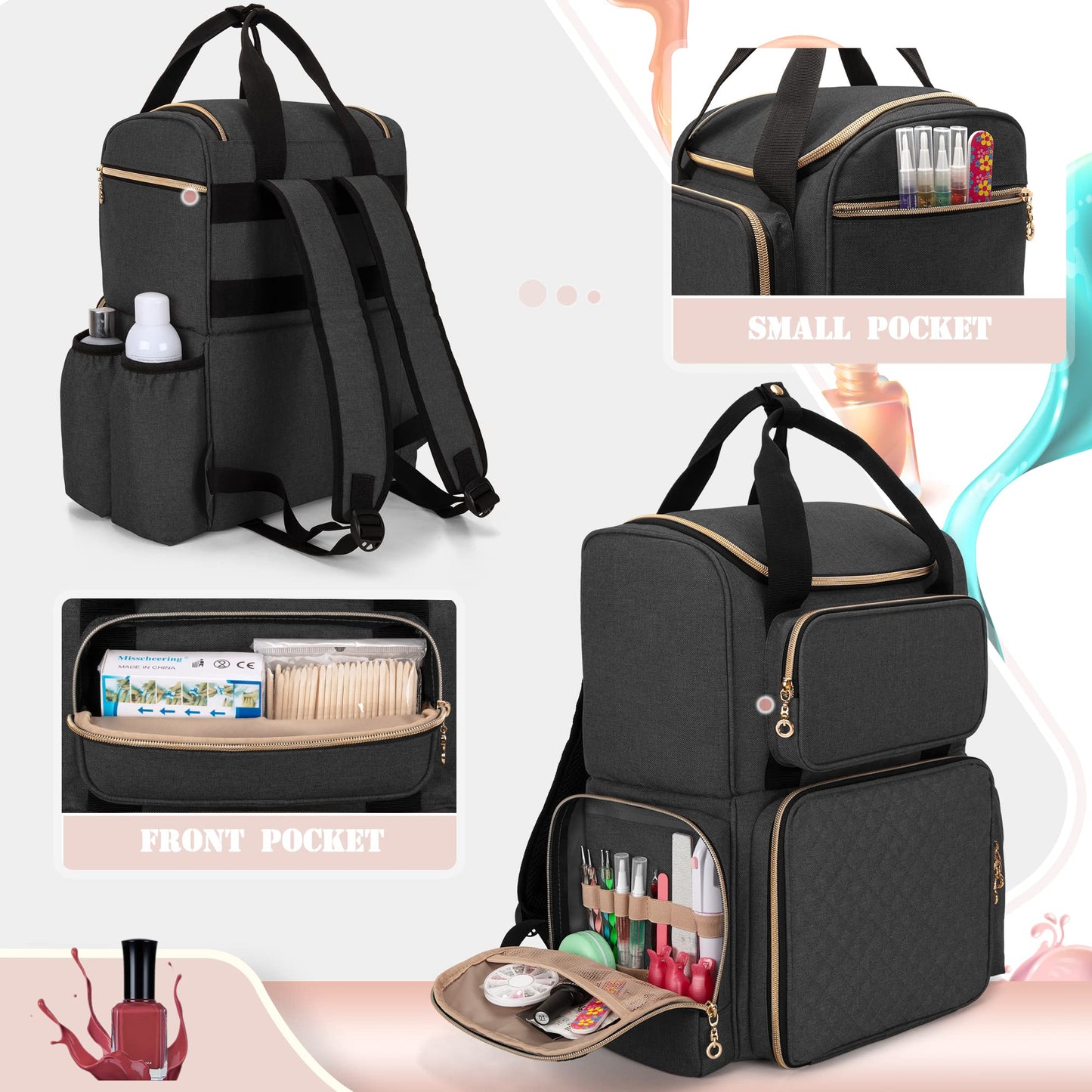 LUXJA Nail Polish Organizer (Backpack Version) Holds 70 Bottles and a Nail Lamp, Travel Nail Polish Bag with 2 Removable Cases and Tools Storage Pockets (Patent Pending), Black
