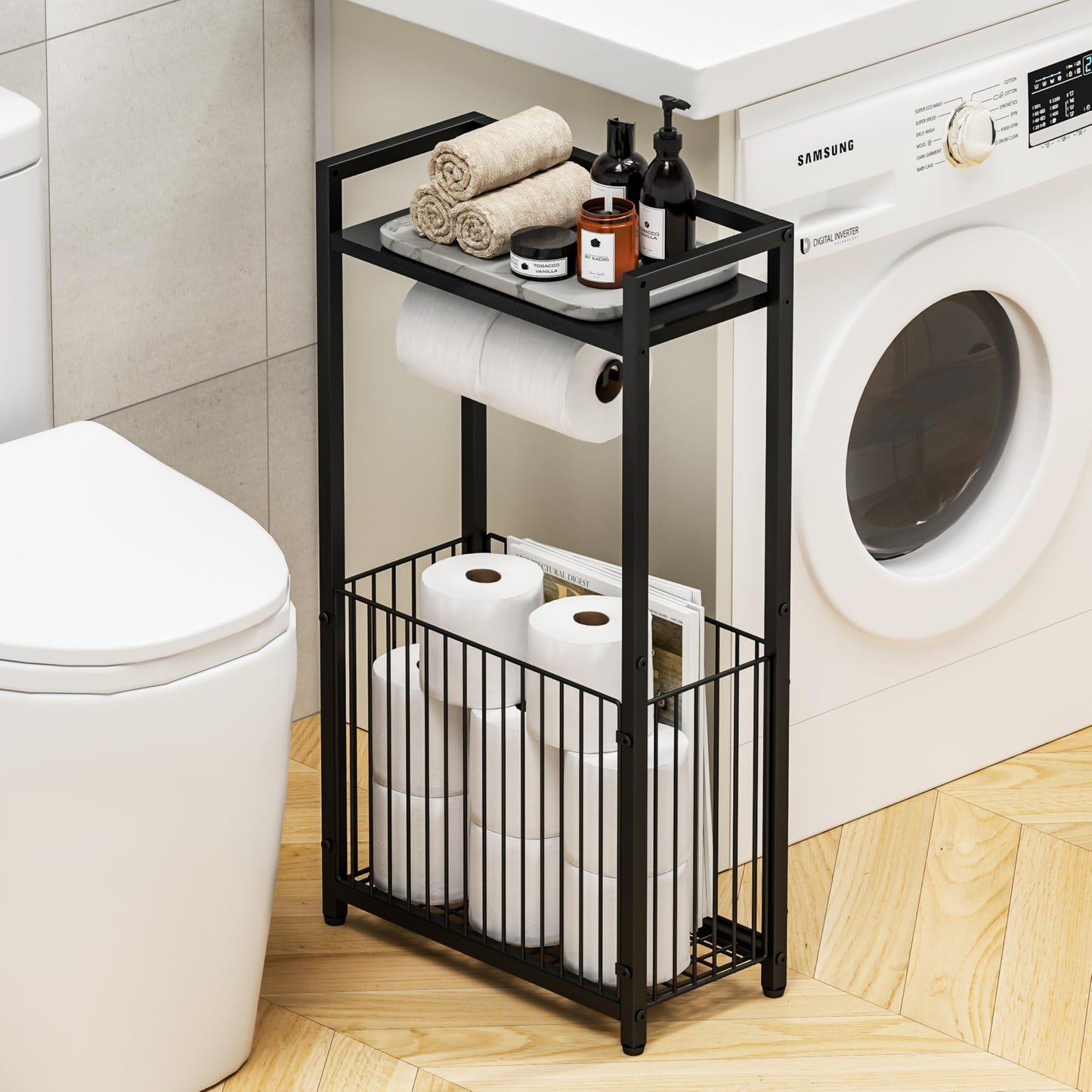 Freestanding Toilet Paper Holder with Storage Shelf - Larger Size Bathroom Tissue Stand with Space for Multiple Rolls, Phone, Wipes, and Magazines – All-in-One Toilet Roll Dispenser and Organizer