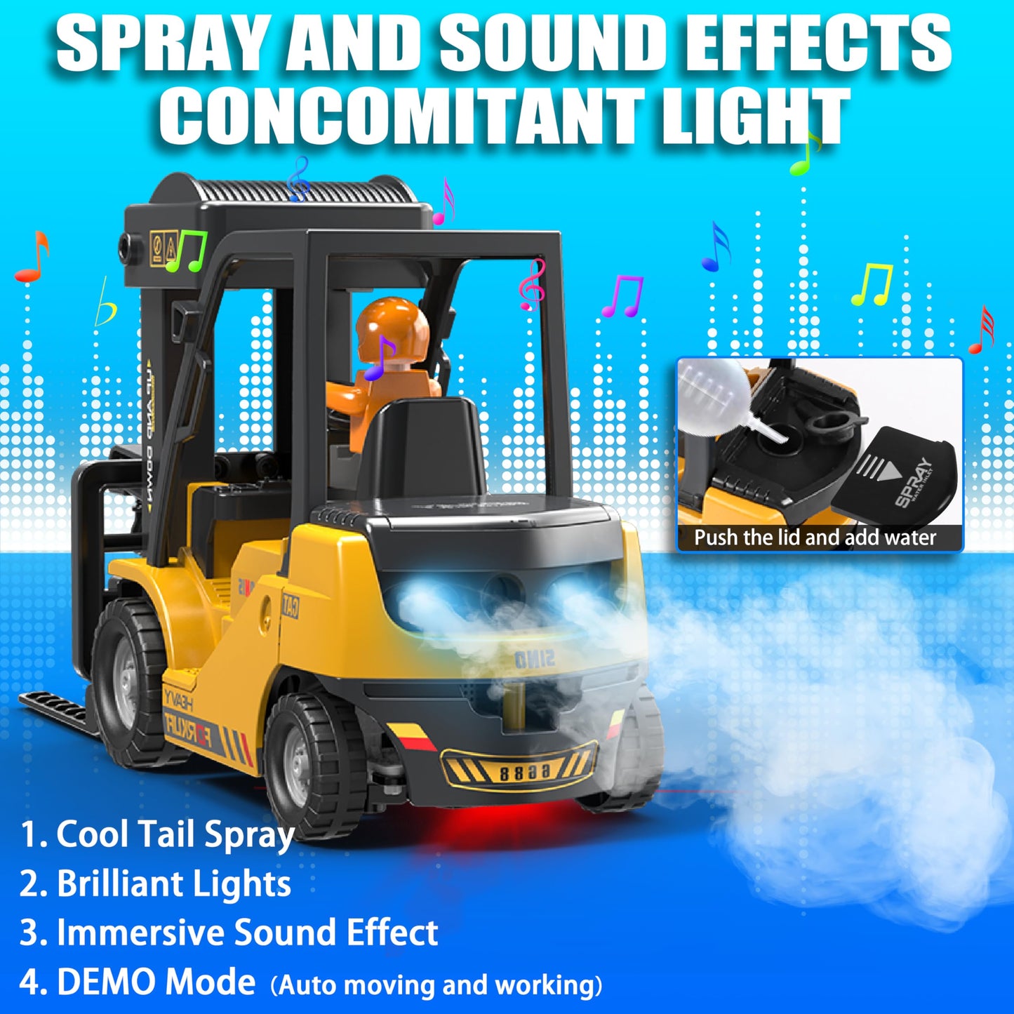 VWAHNANA RC Forklift Toy with Trailer, Kids Forklift Construction Toys Set with Flatbed Truck & Crane Toy Hook, 2 Battery/Spray/Light, Remote Control forklift Toys for 6 7 8 9 10-12 Year Old Boys Gift