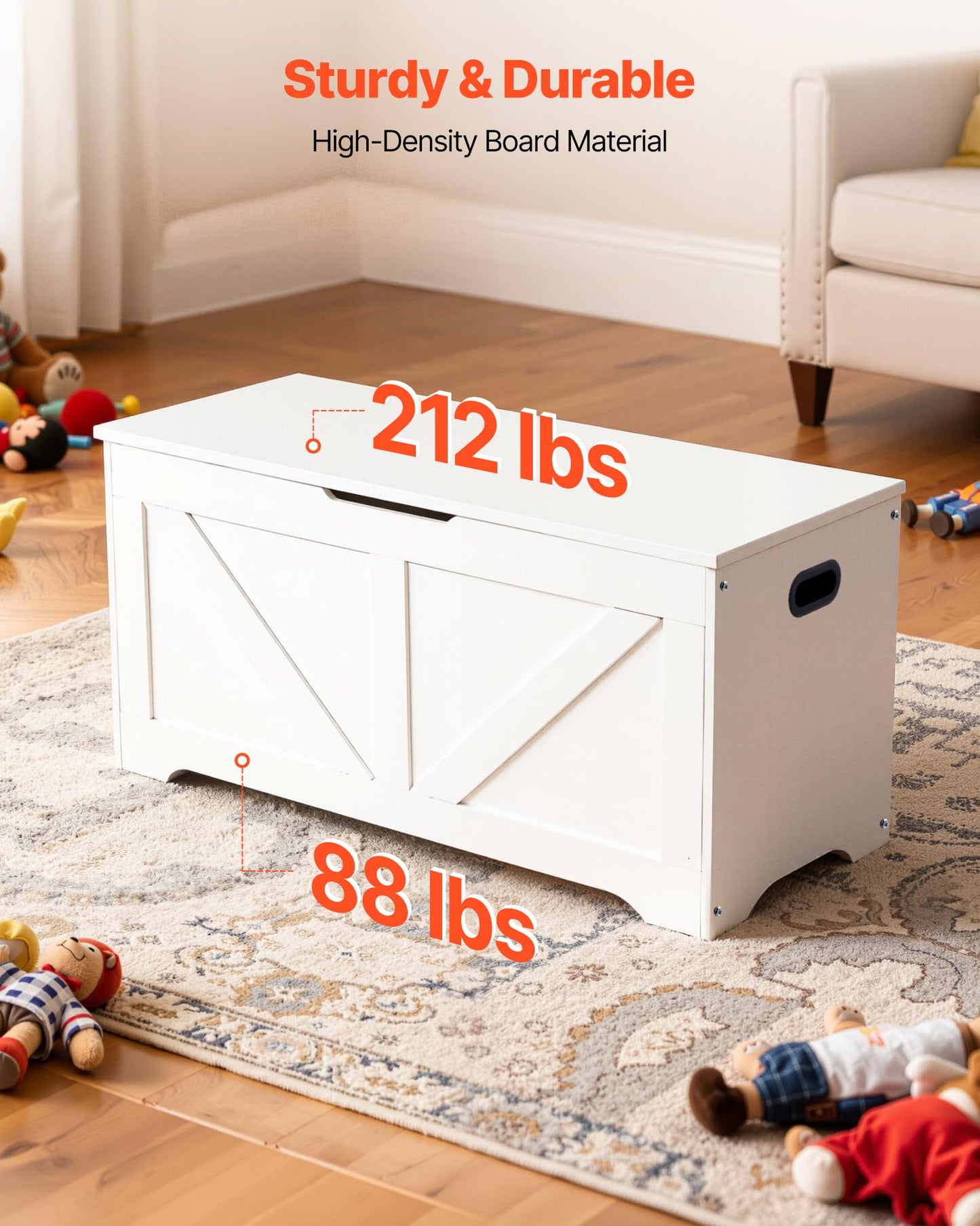 VEVOR Kids Storage Bench, Wooden Toy Box Chest, Large Storage Cabinet with Safety Hinge, Toddlers Storage Bench for Playroom, Living Room or Entryway, Easy Assembly, 38.98 x 15.55 x 18.9 in, White