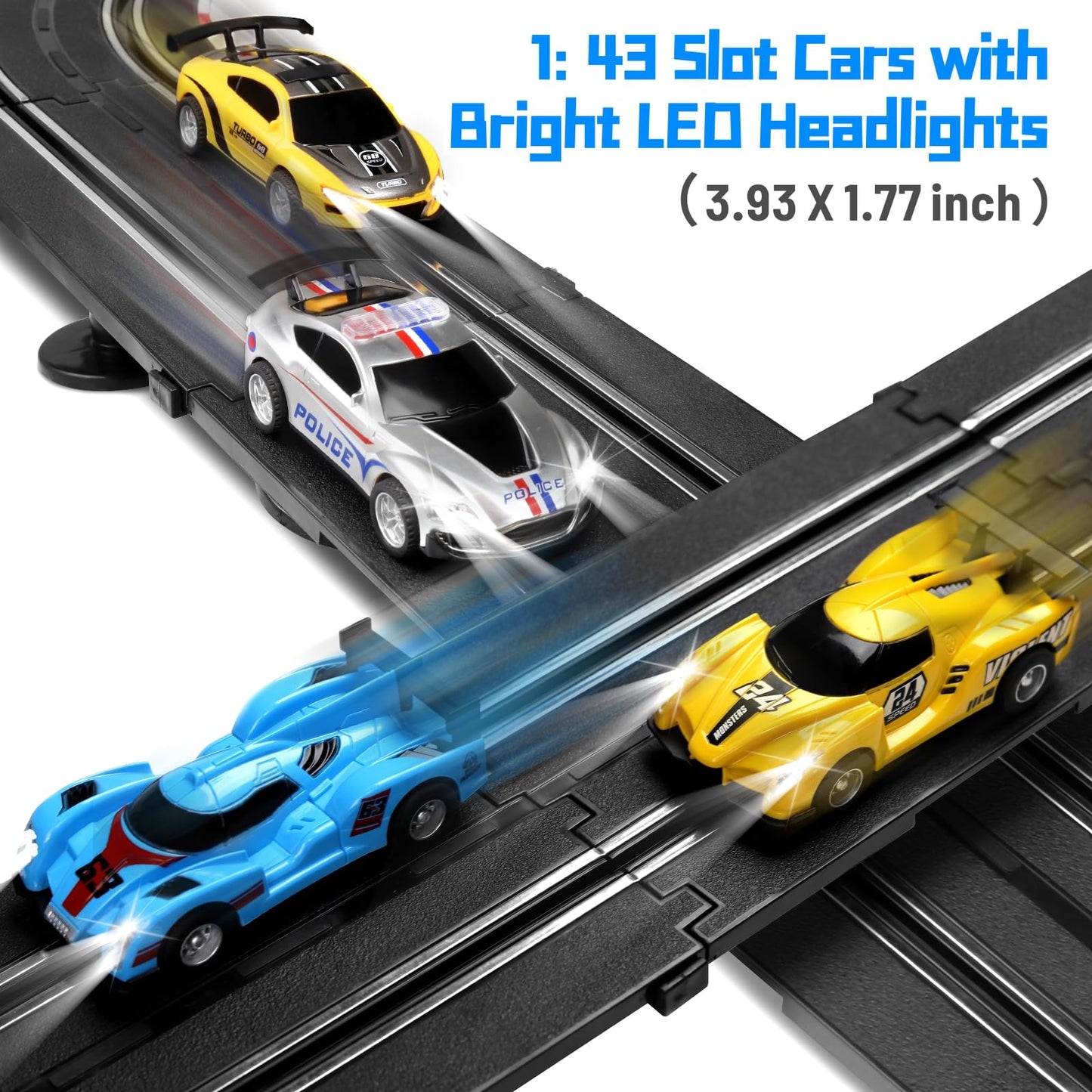 Slot Car Race Track Set, 19ft Electric Track with LED Lights and 4 Slot Cars, 2 Hand Controllers and Racing Game Lap Counters, Set Features Loop, Turns, and Crossover for Boys Age 6-12