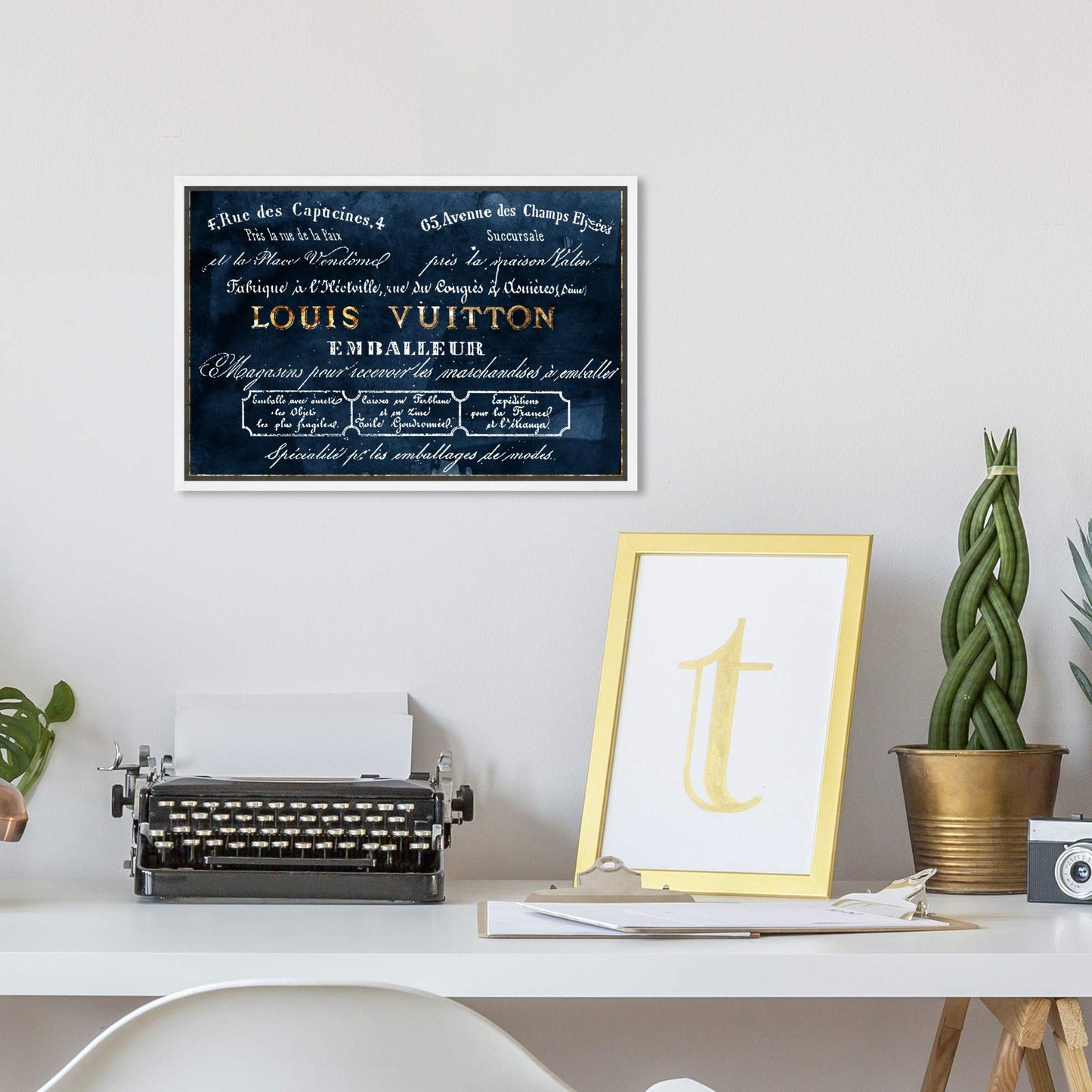 The Oliver Gal Artist Co. Fashion and Glam Framed Wall Art Canvas Prints 'Emballeur Navy' Road Signs Home Décor, 15 in x 10 in, Blue, Gold