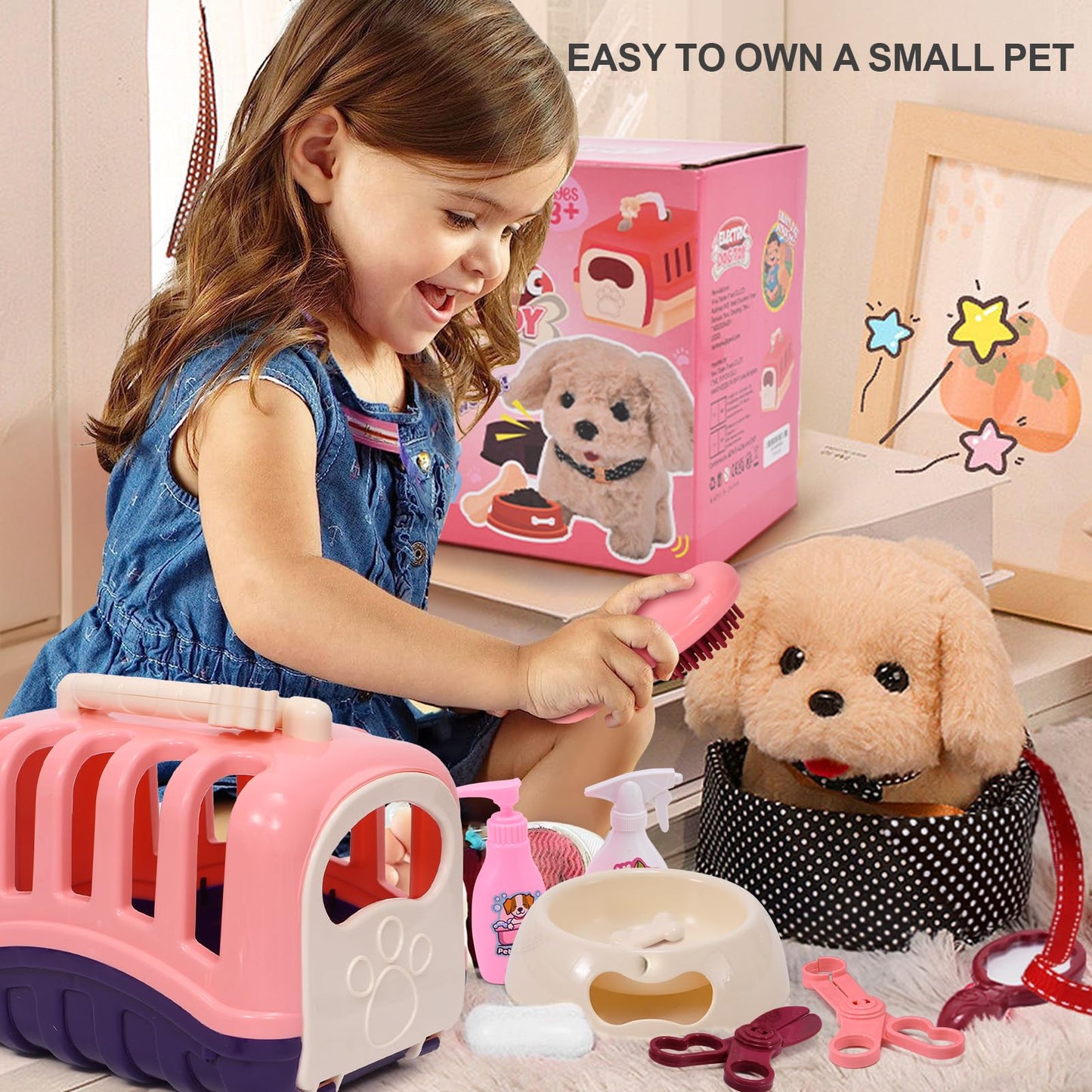 G.C 13Pcs Pretend Play Dog Toys for Kids Girls Toddlers 3 4 5 6, Electronic Interactive Walking Barking Plush Toy Dog Realistic Puppy with Carrier & Accessories Pet Care Playset Gifts for Little Girls