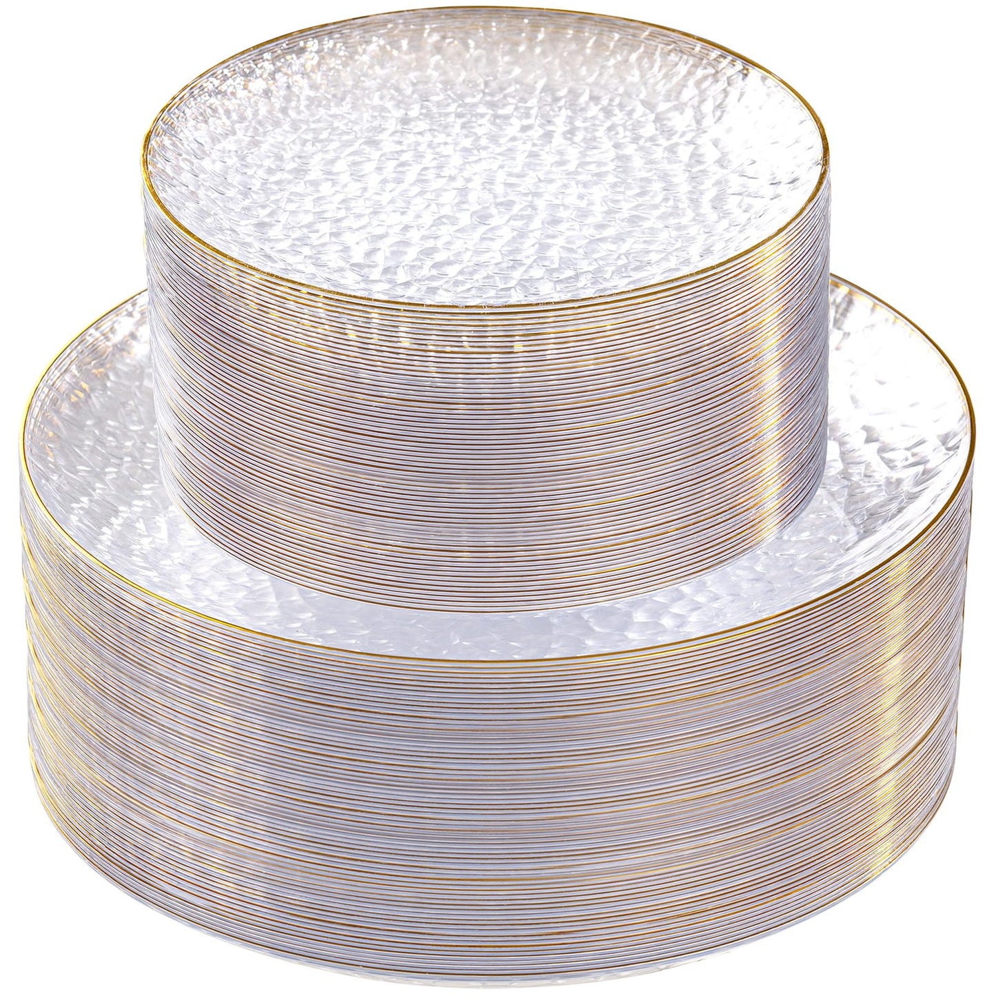 SUT 100Pcs Clear Plastic Plates, Hammered Plates Disposable Heavy Duty, Clear Disposable Plates With Gold Rim, Fancy Plastic plates Include 50 Dinner plate and 50 Dessert plate for Wedding