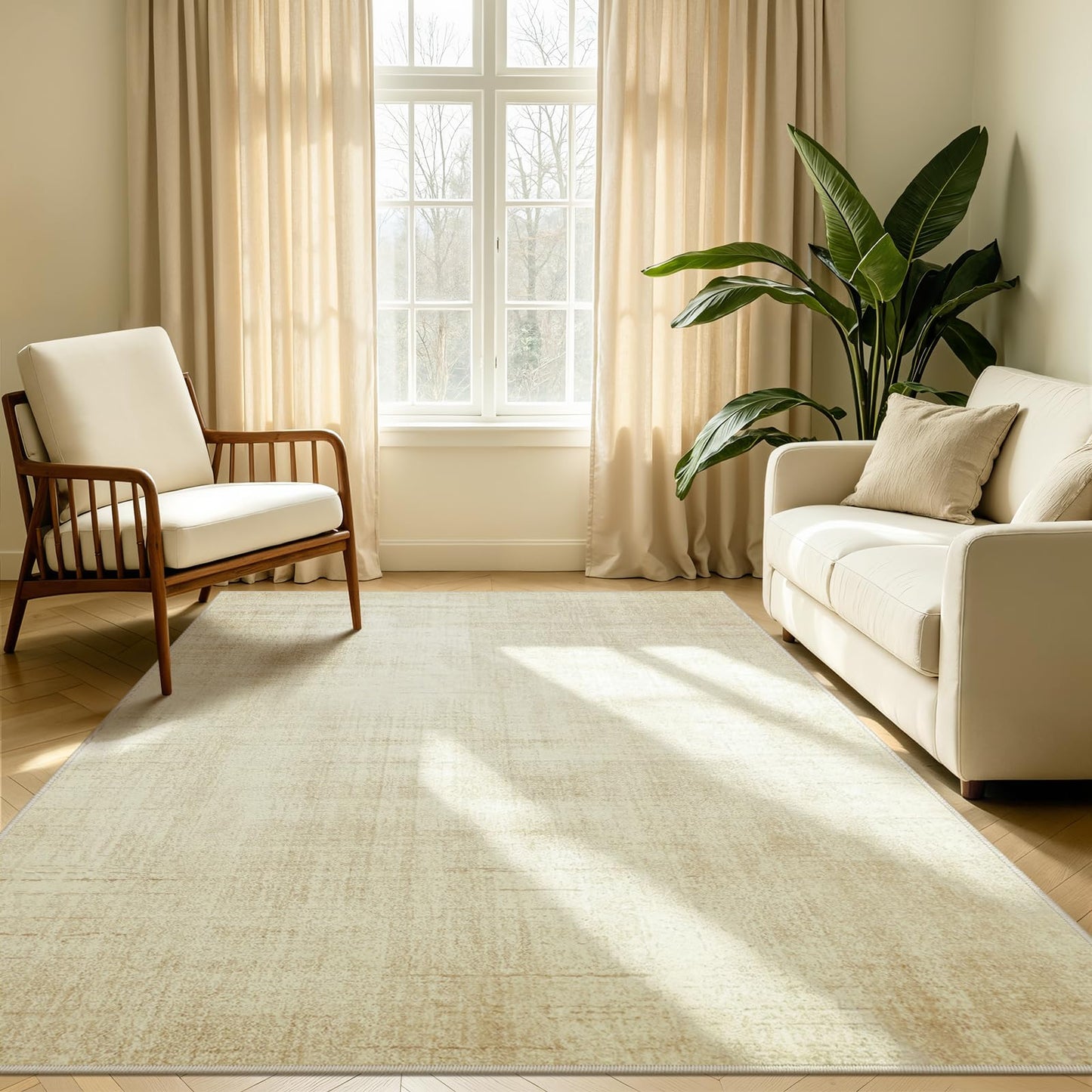 Joydeco 5x7 Area Rugs for Living Room, Machine Washable Vintage Area Rugs, Low Pile Non Slip Carpet, Lightweight Chenille Print Rug for Bedroom, Dining Room, Home Office, Beige
