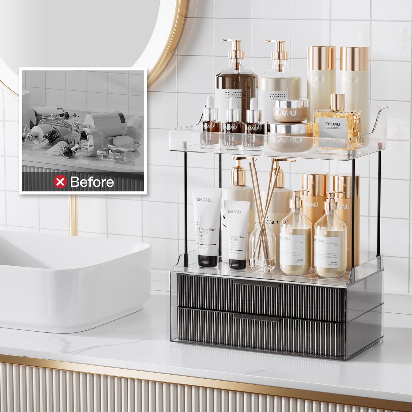 Delamu Bathroom Organizers and Storage, 2-Tier 2-Drawer Makeup Organizer Countertop, Easy to Install, Ideal for Bathroom Storage, Vanity, Large Skincare, Perfume, Present, and More, Black