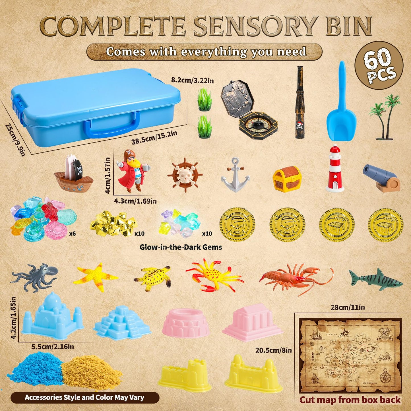 KNASON Pirate Treasure Chest Sensory Bin,Play Sand Kit for Boys with Pirate Accessories,1 KG Sand,Glow in The Dark Gems and Map,Pretend Play Adventure Sensory Toys for Toddlers Kids Ages 3 4 5 6 7 8