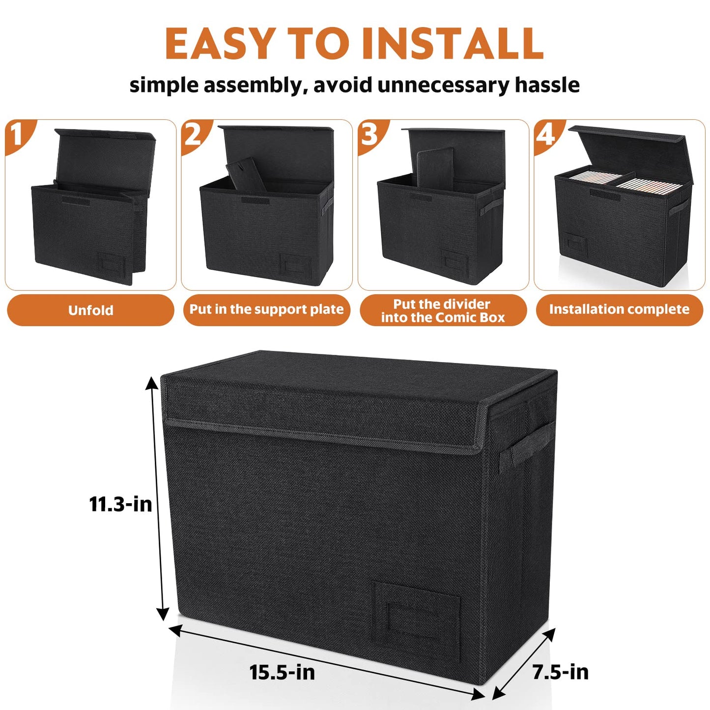 YSCare 4-Pack Comic Book Storage, Collapsible Comic Book Case with Dividers and Carrying Handles, Comics Short Box Holds 150 Comics, 15.5" X 7.5" X 11.3" Heavy-Duty Stackable Case