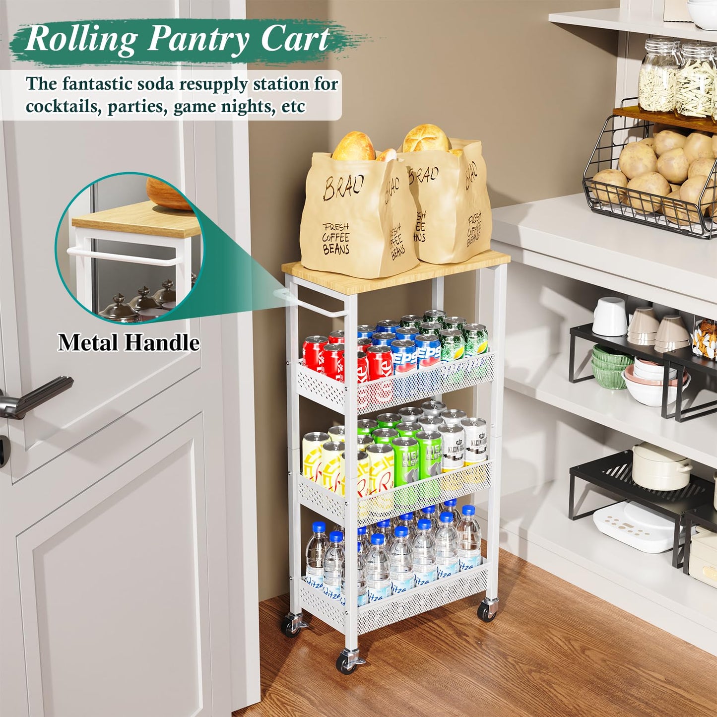 OKZEST Utility Slim Storage Cart, 4-Tier Narrow Bathroom Organizers and Storage Cart, Narrow Metal Kitchen Laundry Room Organization Shelf with Wood Top, Slim Rolling Carts with Wheels for Small Space