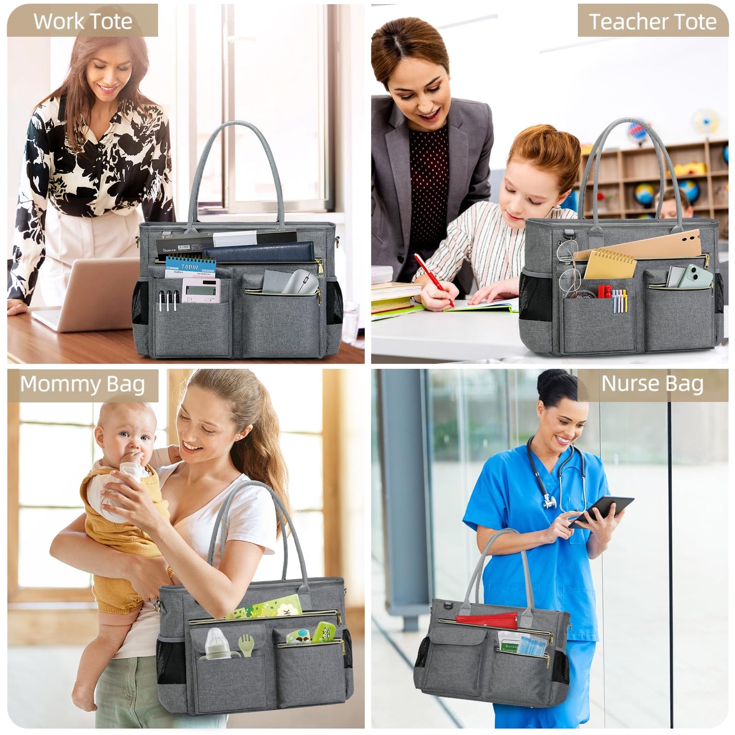 RAINSMORE Laptop Bag for Women 15.6 inch Work Teacher Tote Bag Nurse Bag Professional Laptop Tote Computer Messenger Shoulder Bag Large Handbag Business Office Work Bag Briefcase Grey