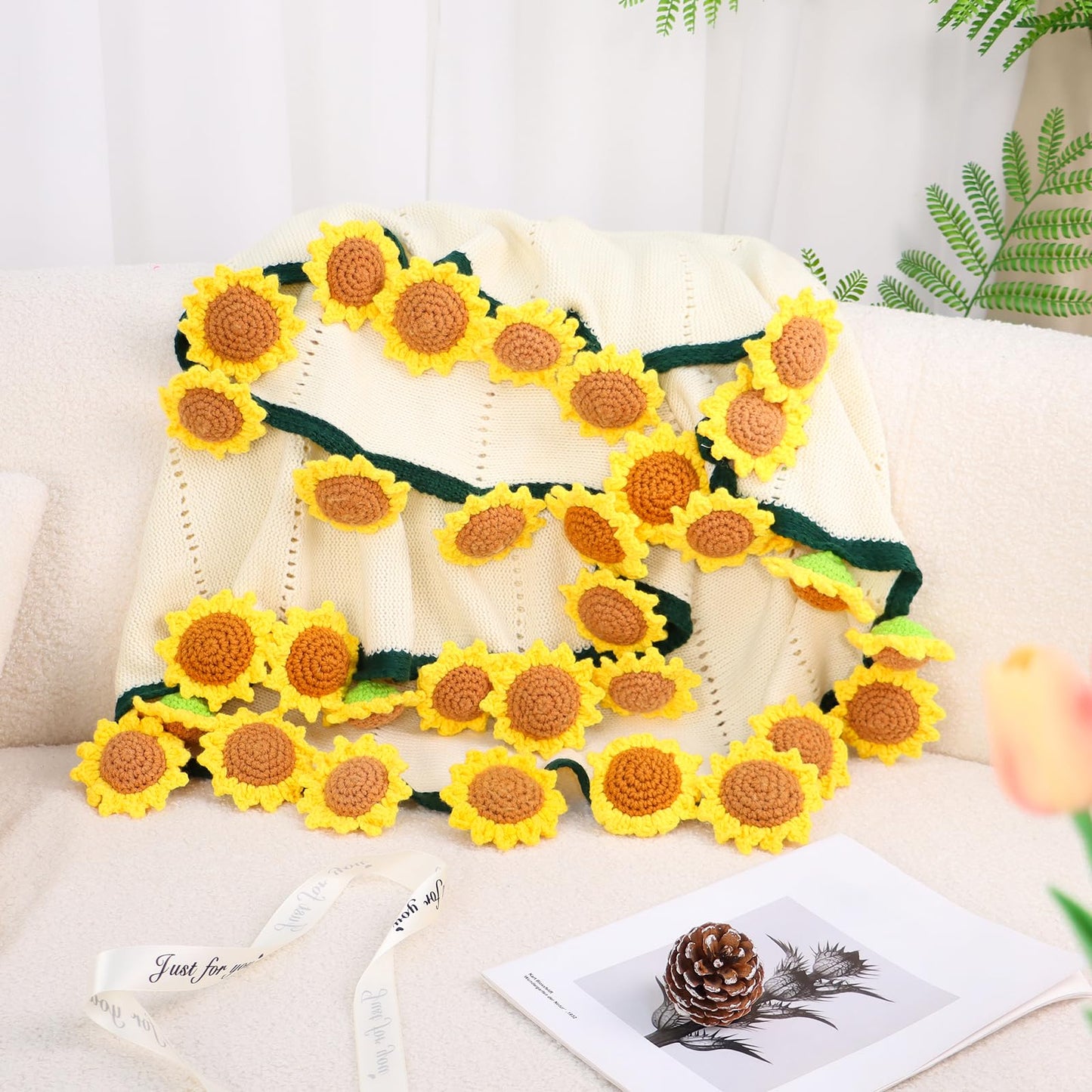 LOKOZ Sunflower Crochet Flower Bouquet Blanket, Teacher Appreciation, Mom Gifts for Mothers Day Grandma Birthday, Sunflower Gifts for Women friends Get Well, Knitted Floral Throw Blanket 31 Inches
